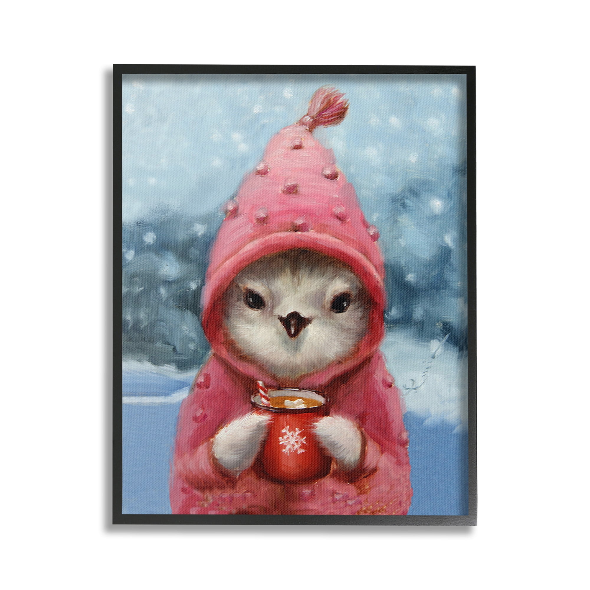 Stupell Industries Bird with Winter Cocoa Holiday Painting Black Framed Art Print Wall Art, 24 x 30