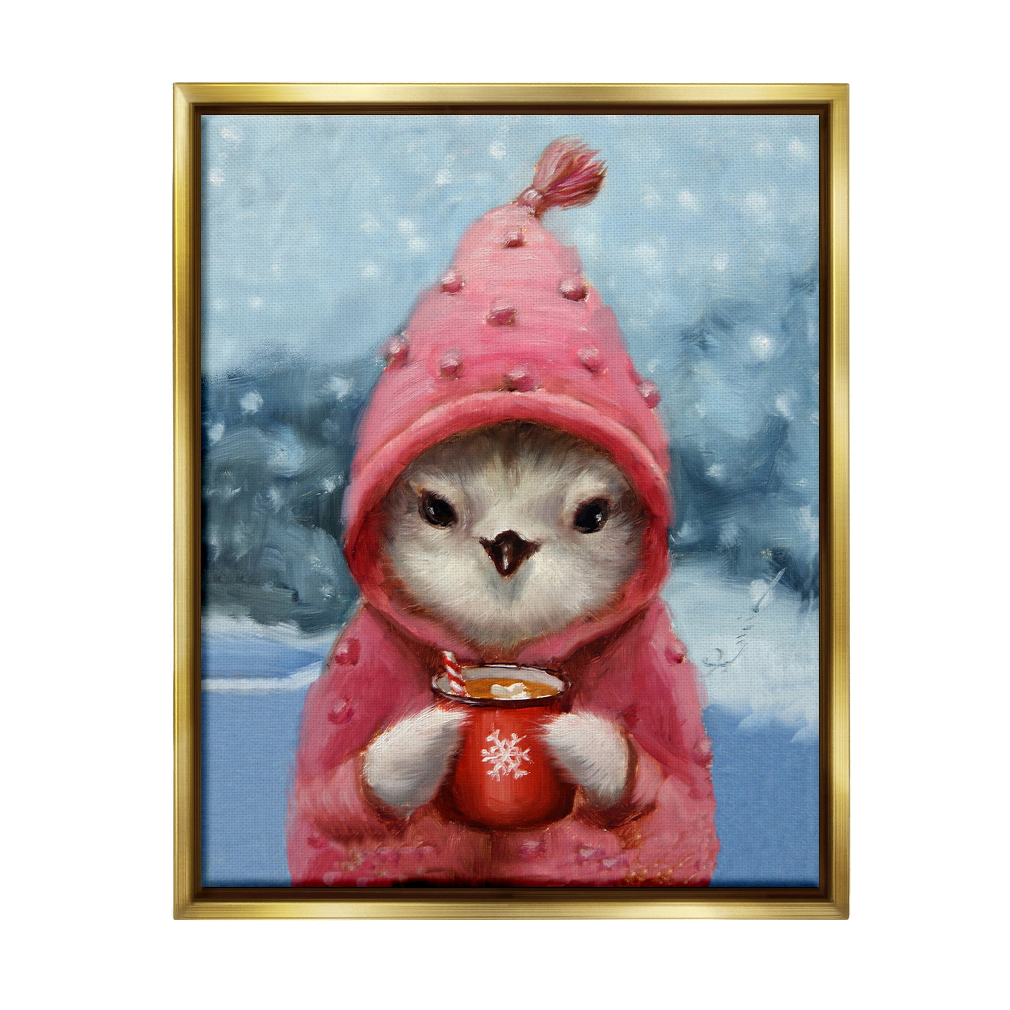 Stupell Industries Bird with Winter Cocoa Holiday Painting Gold Floater Framed Canvas Art Print Wall Art, 17 x 21