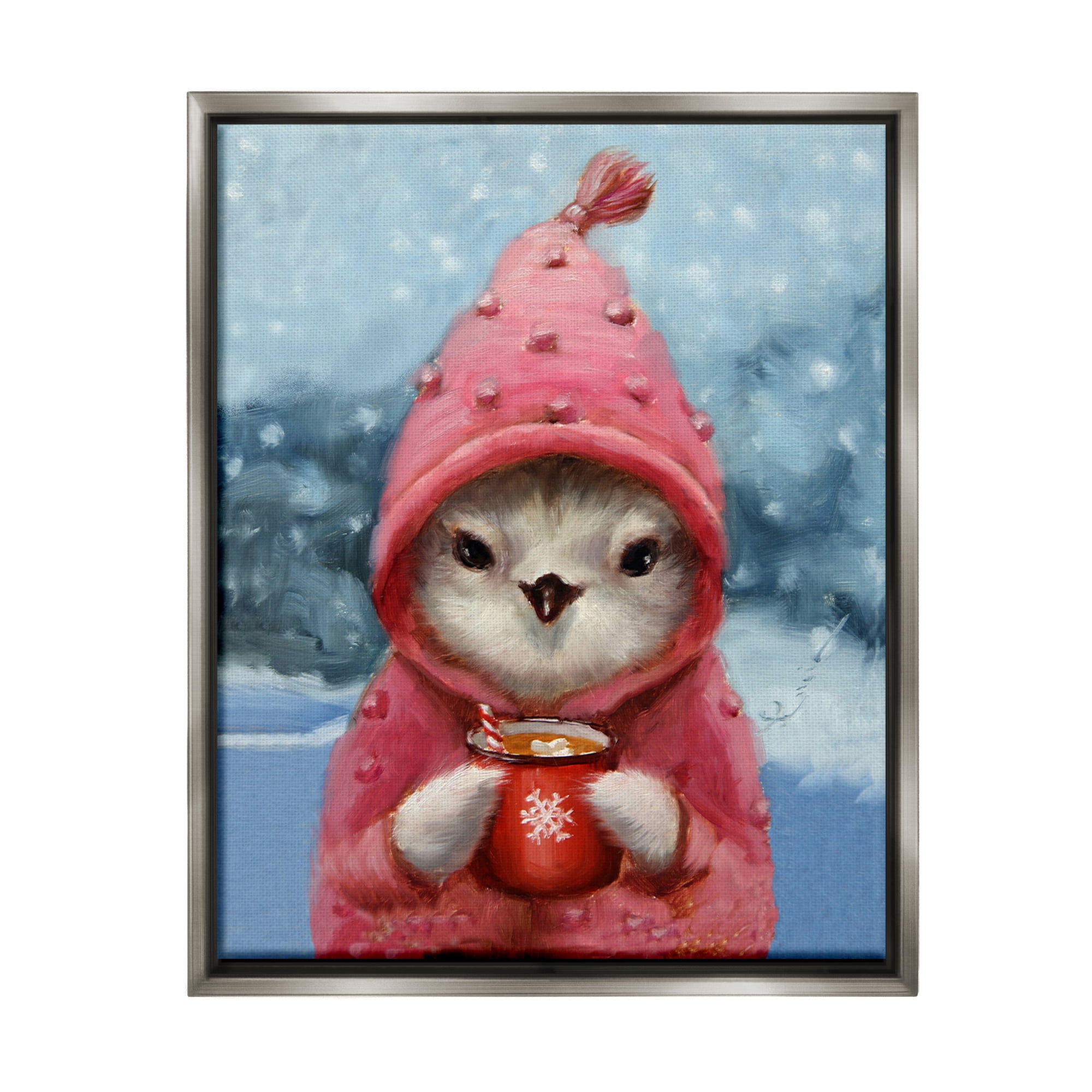 Stupell Industries Bird with Winter Cocoa Holiday Painting Gray Floater Framed Canvas Art Print Wall Art, 17 x 21