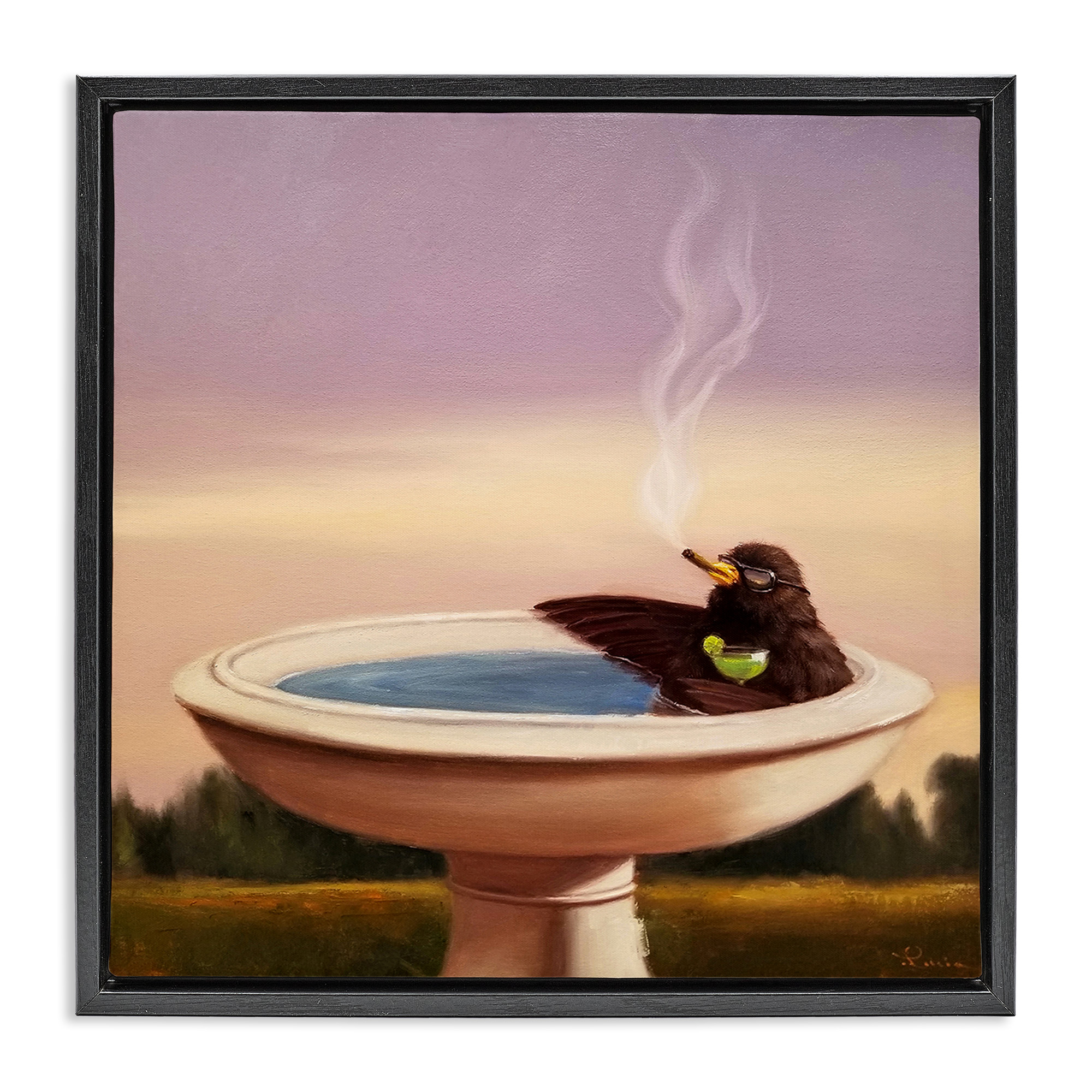 Stupell Industries Birdbath with Cocktail Humor Animals & Insects Painting Black Floater Framed Canvas Art Print Wall Art, 25 x 25