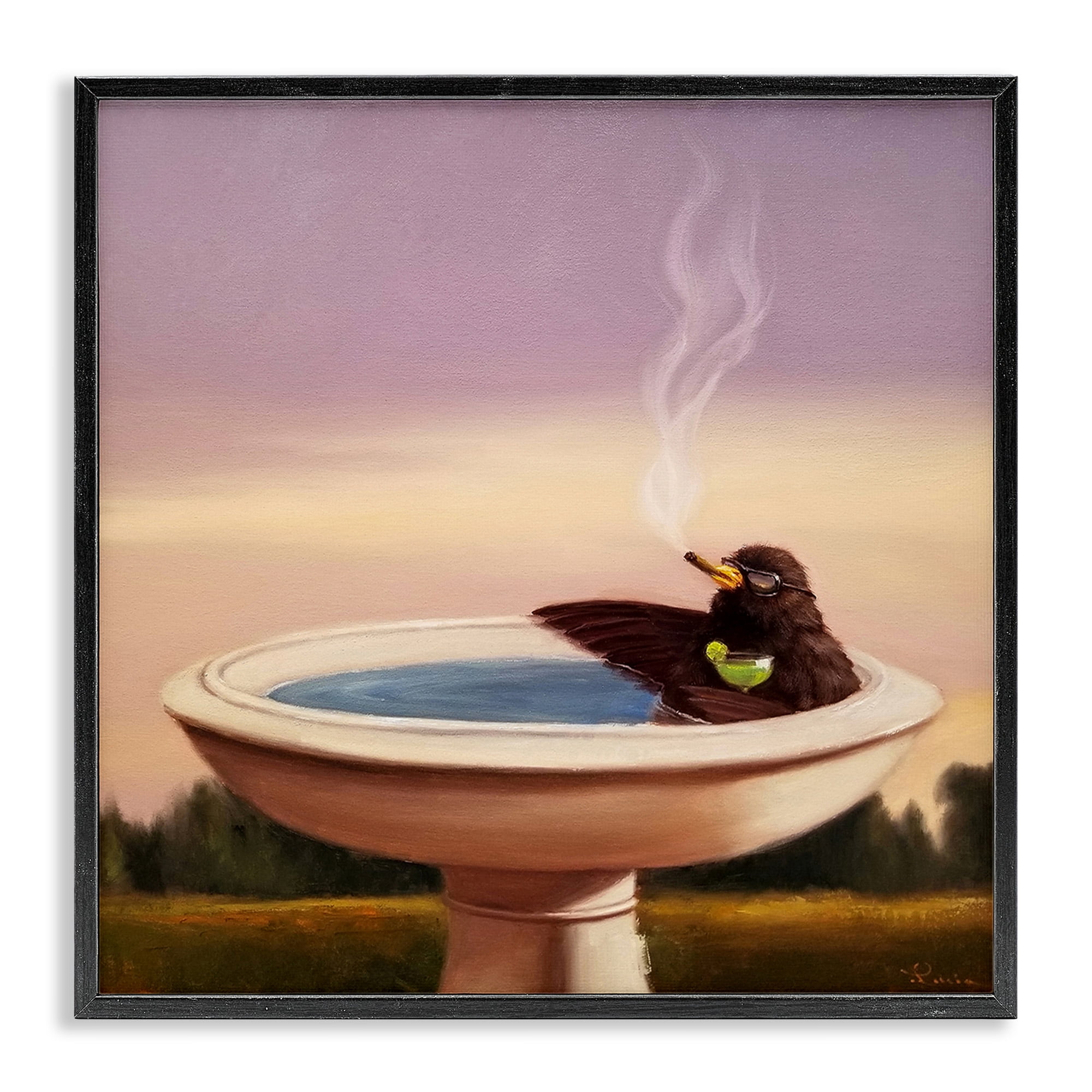 Stupell Industries Birdbath with Cocktail Humor Animals & Insects Painting Black Framed Art Print Wall Art, 17 x 17