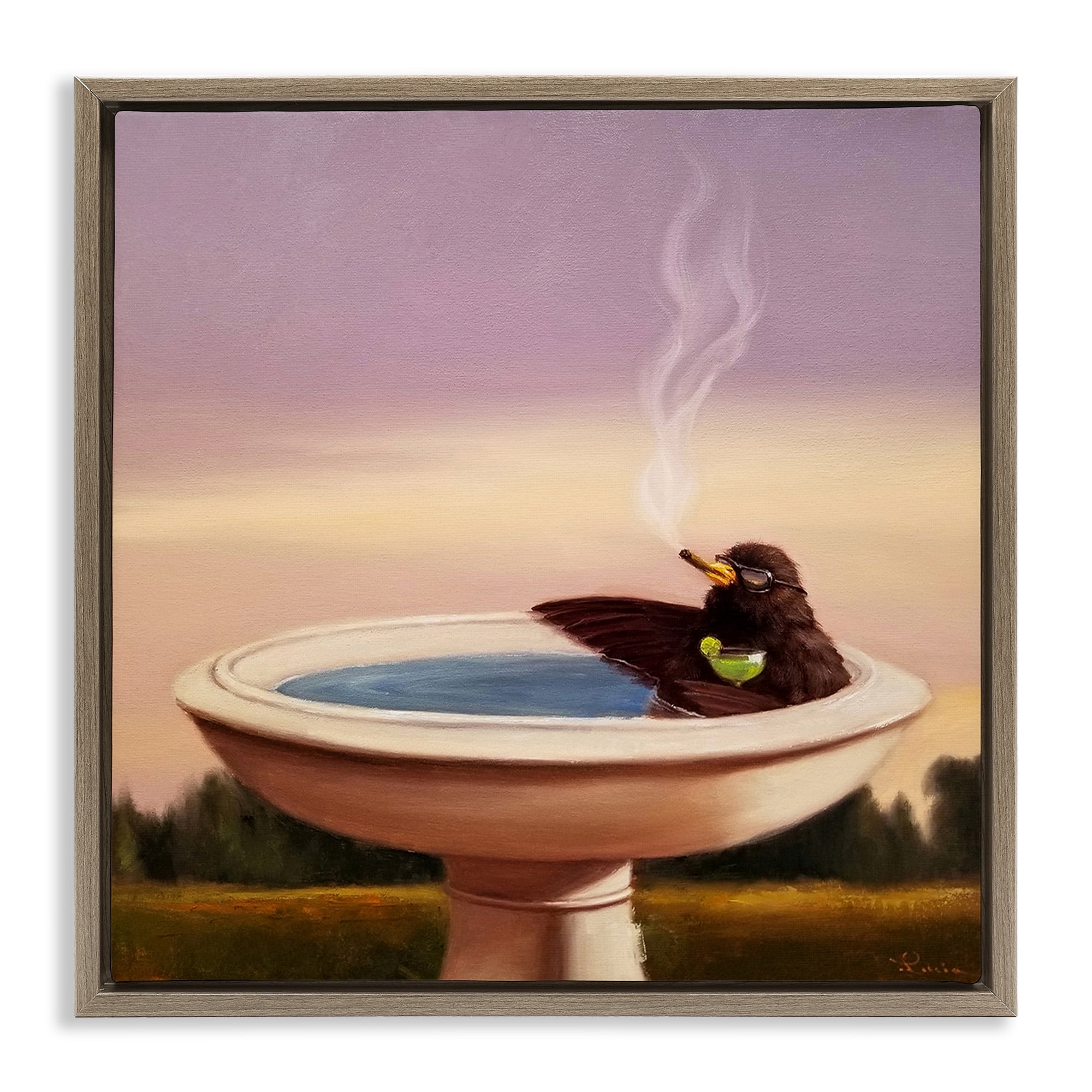 Stupell Industries Birdbath with Cocktail Humor Animals & Insects Painting Brown Floater Framed Canvas Art Print Wall Art, 18 x 18