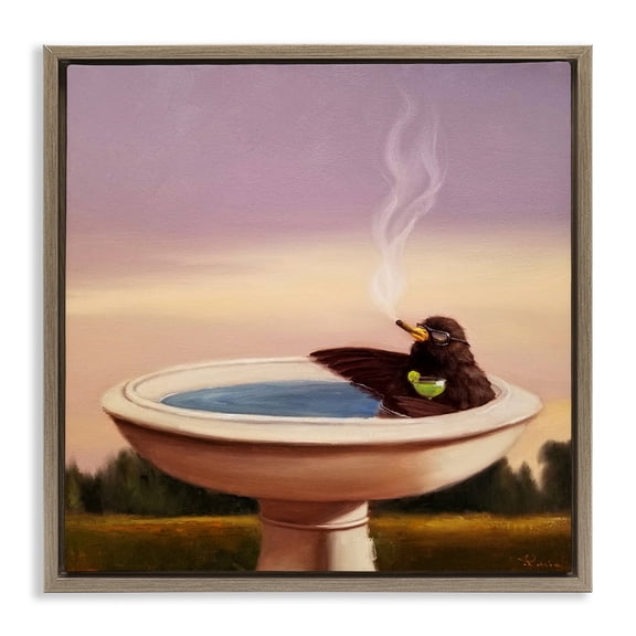 Stupell Industries Birdbath with Cocktail Humor Animals & Insects Painting Brown Floater Framed Canvas Art Print Wall Art, 25 x 25