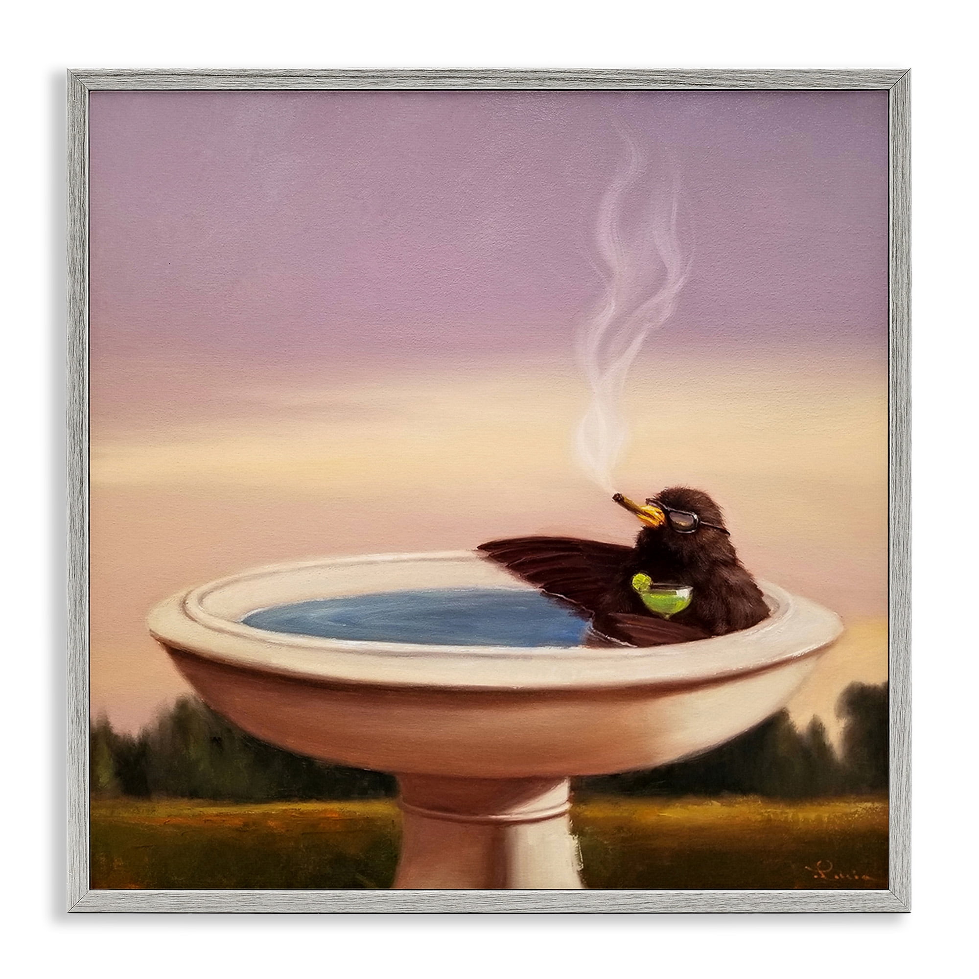 Stupell Industries Birdbath with Cocktail Humor Animals & Insects Painting Gray Framed Art Print Wall Art, 12 x 12