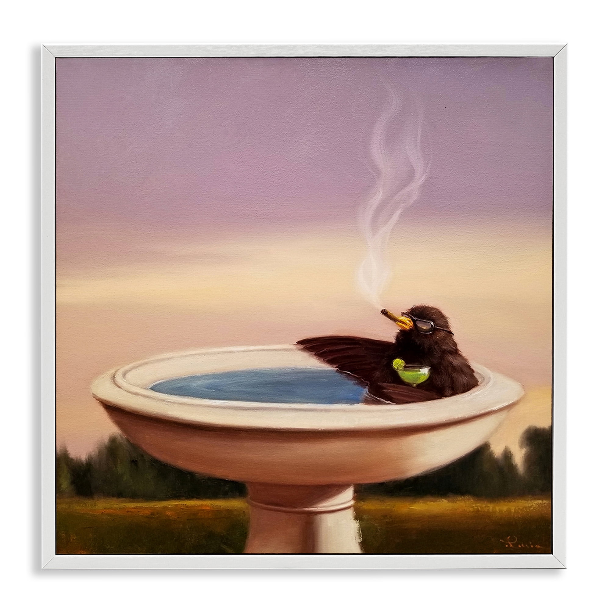 Stupell Industries Birdbath with Cocktail Humor Animals & Insects Painting White Framed Art Print Wall Art, 12 x 12
