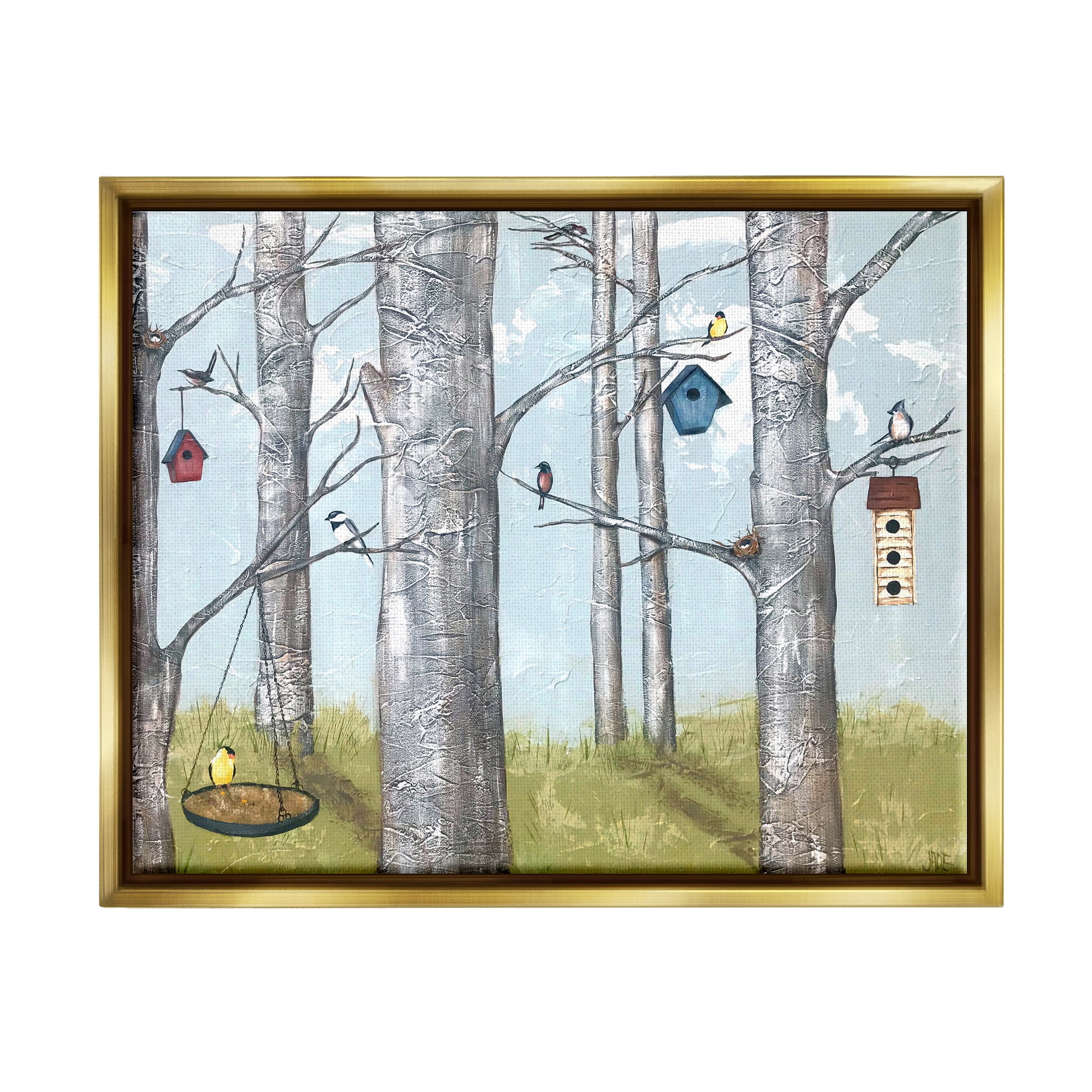 Stupell Industries Birdhouses Woodland Birch Trees Animals & Insects Painting Gold Floater Framed Art Print Wall Art