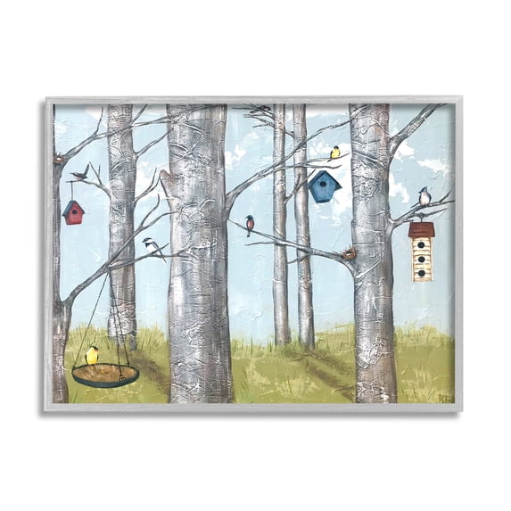 Stupell Industries Birdhouses Woodland Birch Trees Animals & Insects Painting Gray Framed Art Print Wall Art