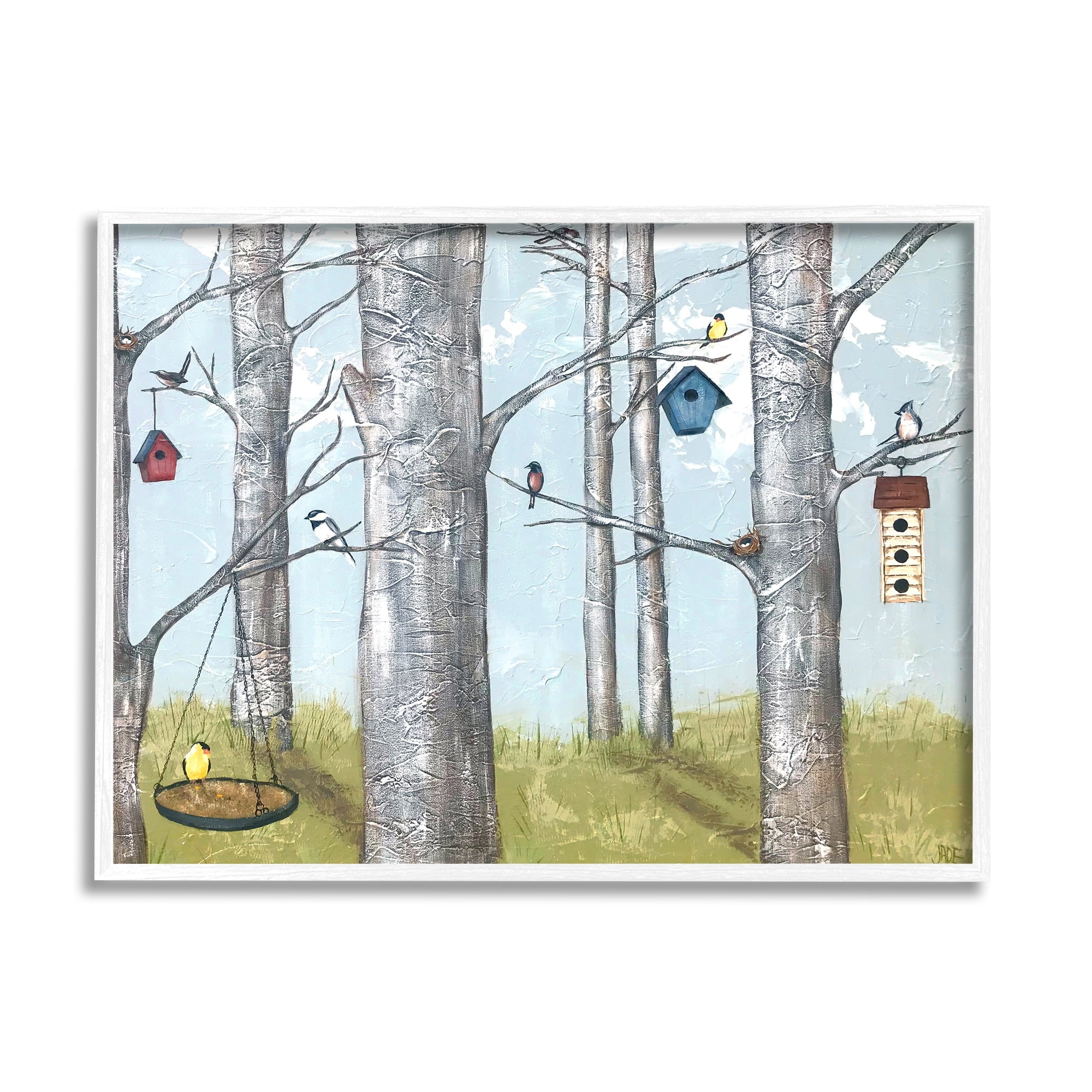 Stupell Industries Birdhouses Woodland Birch Trees Animals & Insects Painting White Framed Art Print Wall Art