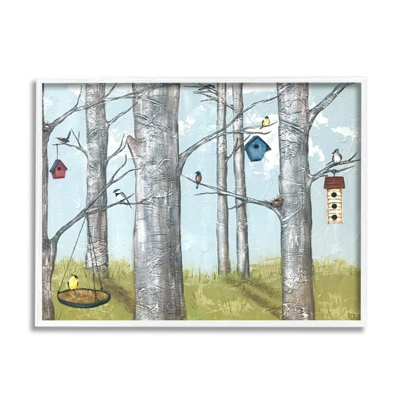 Stupell Industries Birdhouses Woodland Birch Trees Animals & Insects Painting White Framed Art Print Wall Art