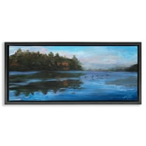 Stupell Industries Birds Along River Landscape Painting Black Floater Framed Art Print Wall Art, 25 x 11