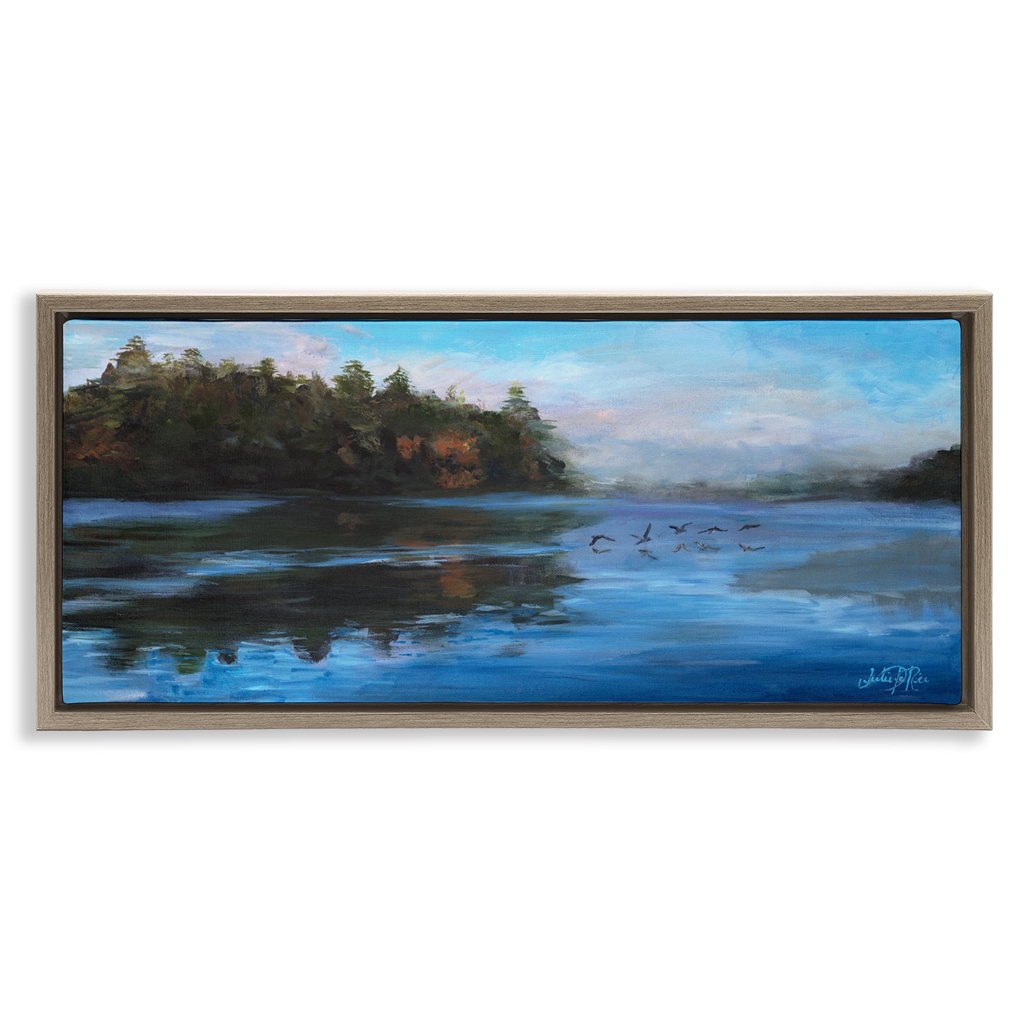 Stupell Industries Birds Along River Landscape Painting Brown Floater Framed Art Print Wall Art, 31 x 14