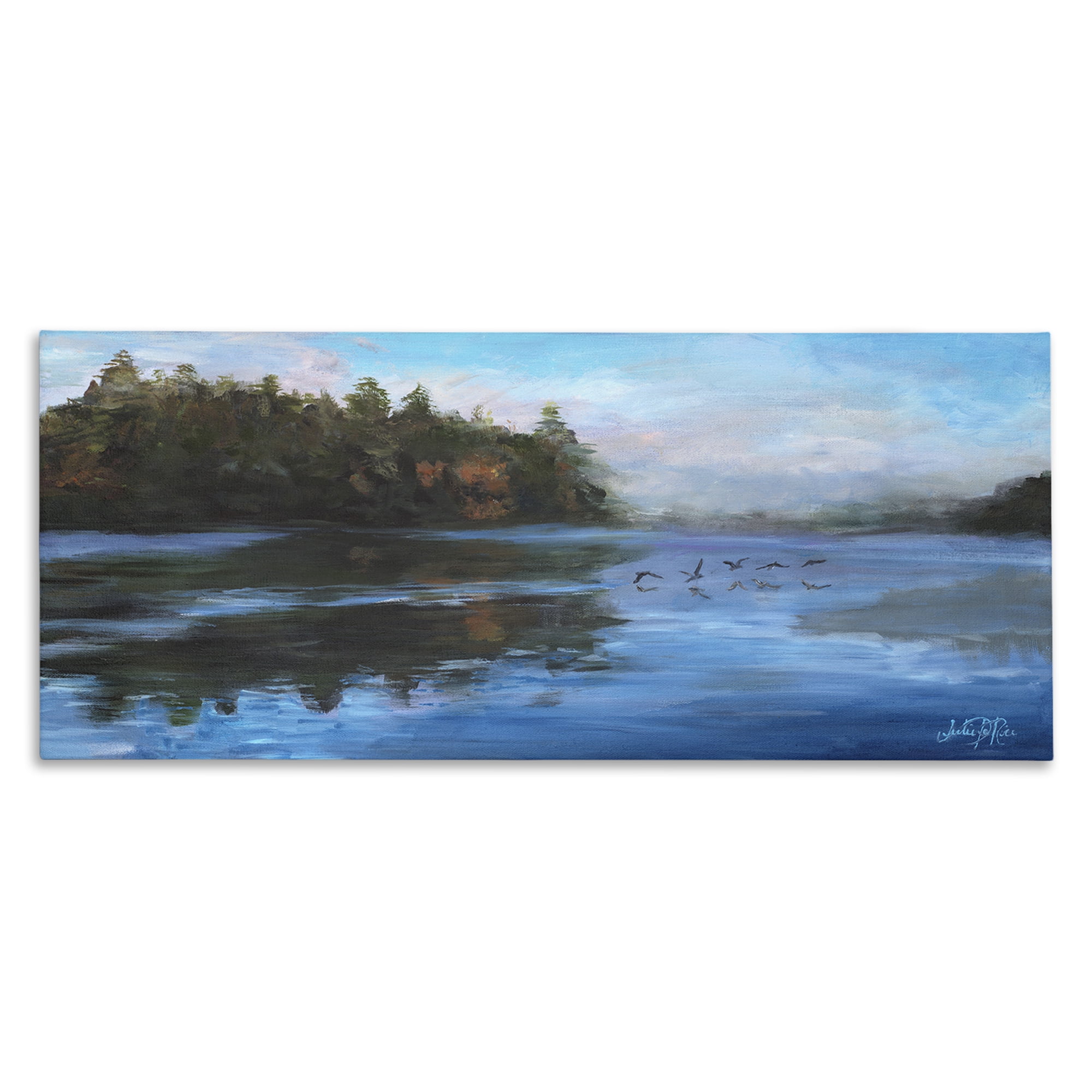 Blue and Green Landscape Canvas Art with Birds, 30 x 13