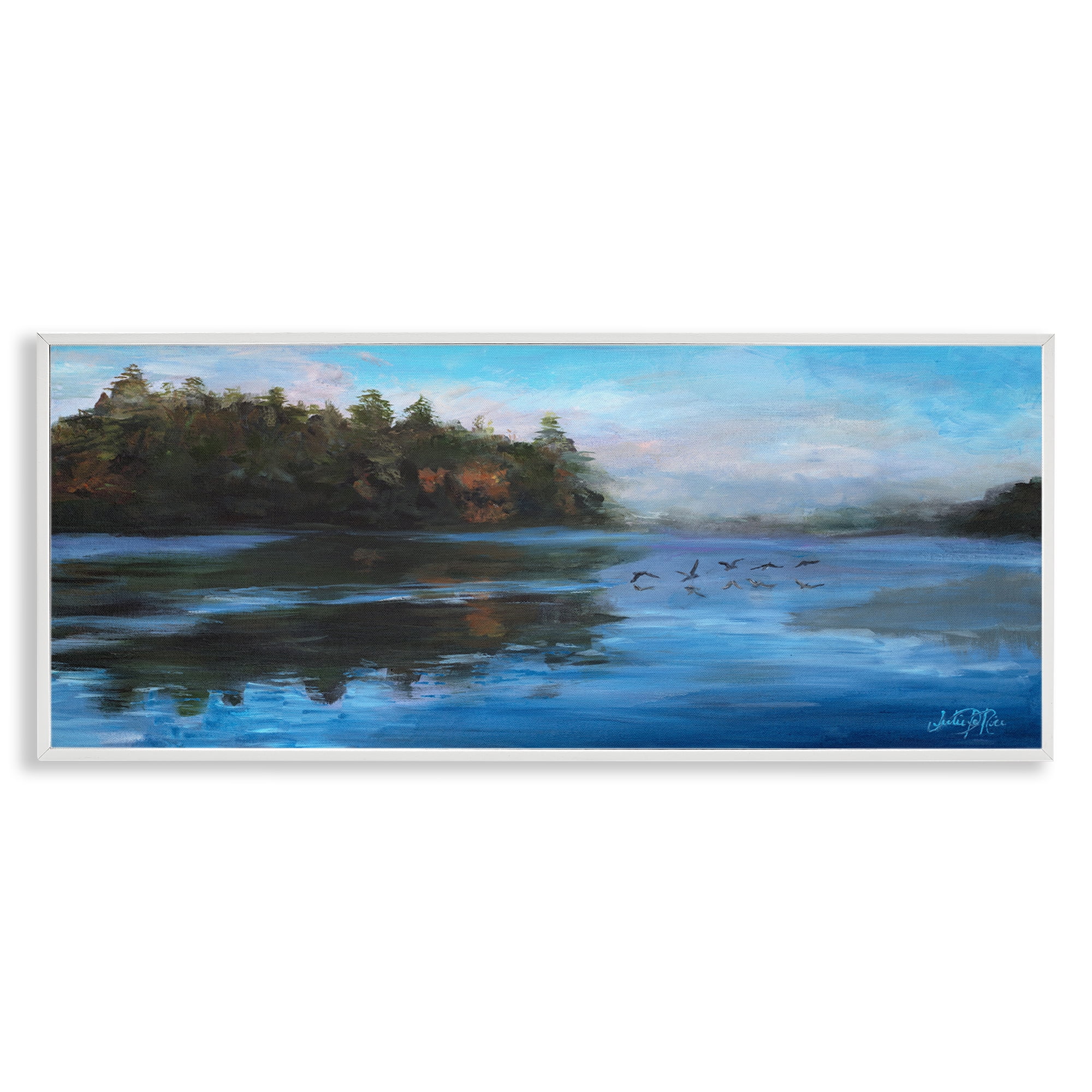 Stupell Industries Birds Along River Landscape Painting White Framed Art Print Wall Art, 24 x 10