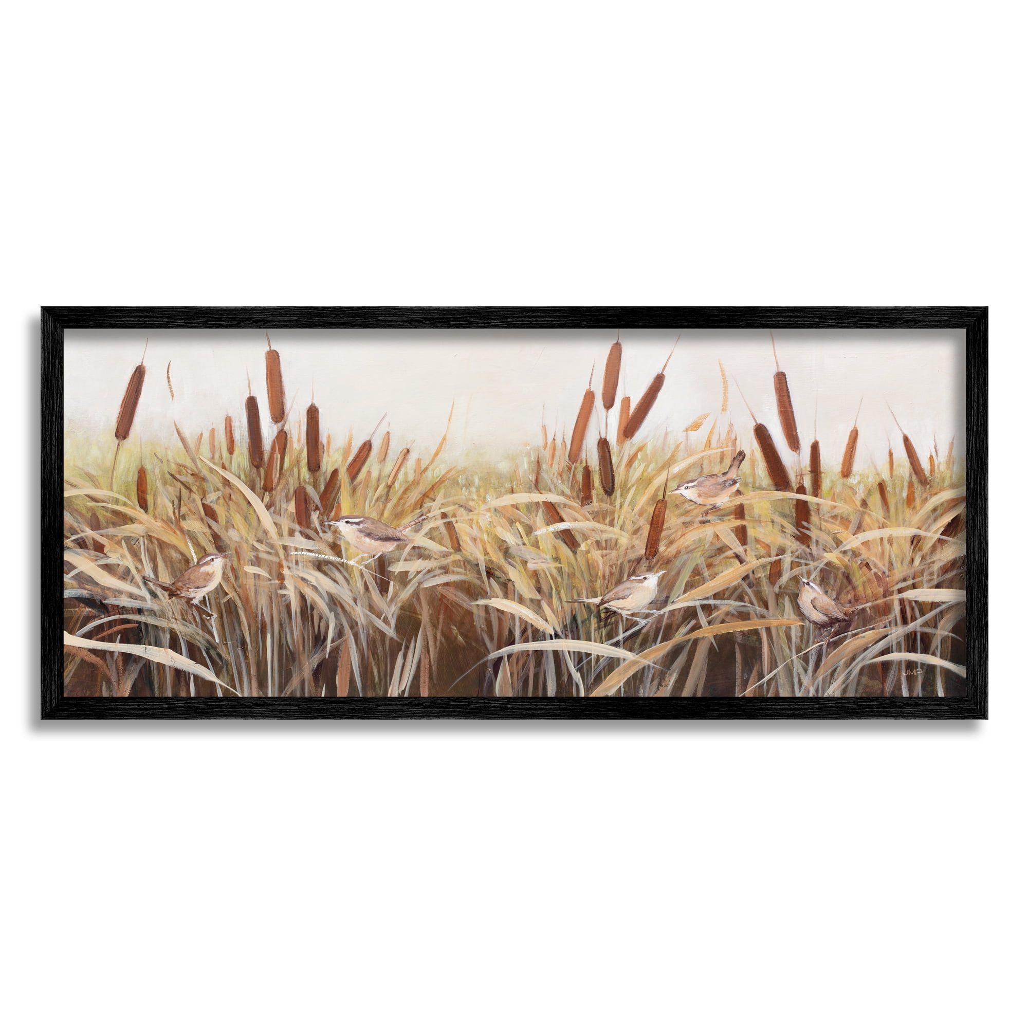 Stupell Industries Birds Among Country Reeds Botanical & Floral Painting Black Framed Art Print Wall Art, 30 x 13