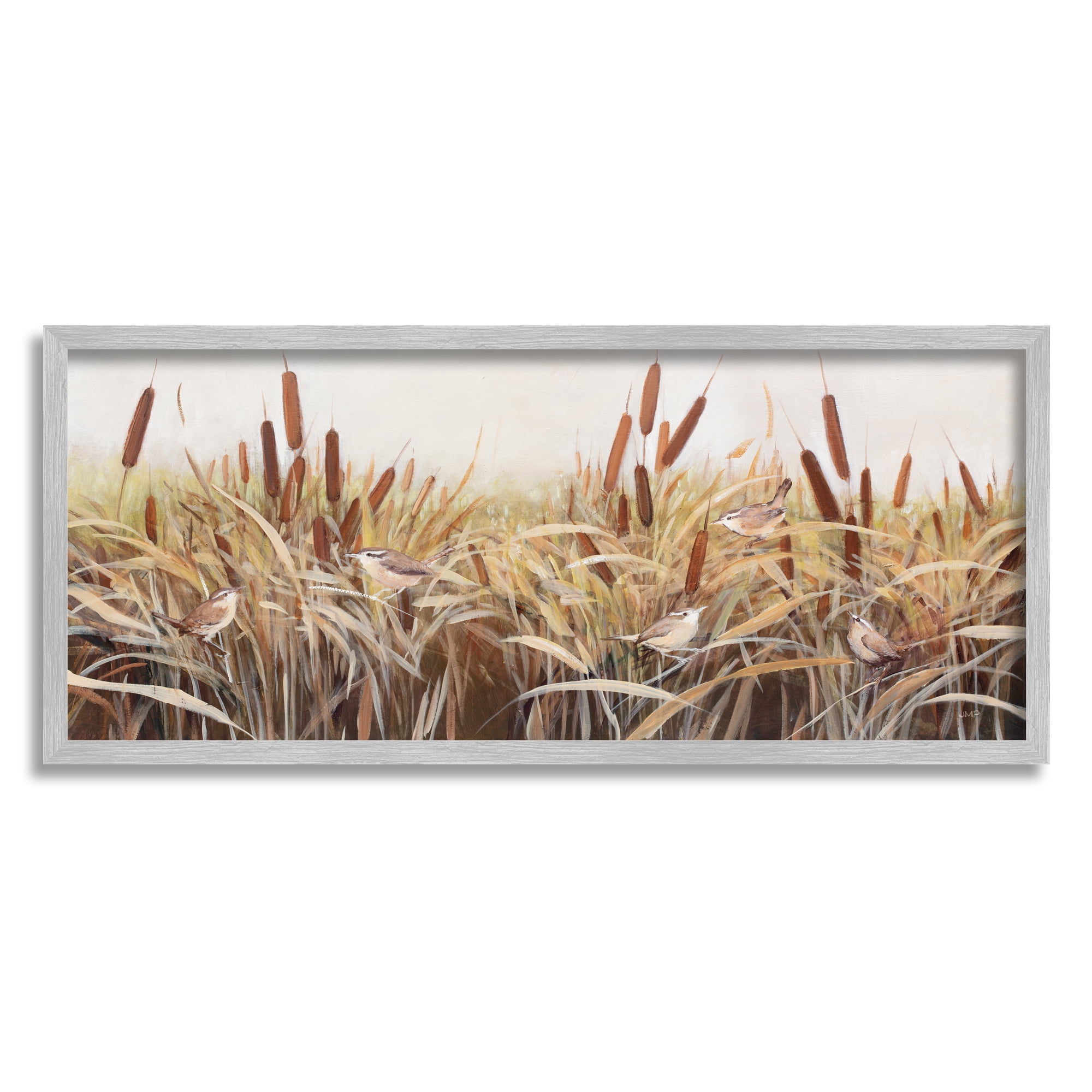 Stupell Industries Birds Among Country Reeds Botanical & Floral Painting Gray Framed Art Print Wall Art, 24 x 10