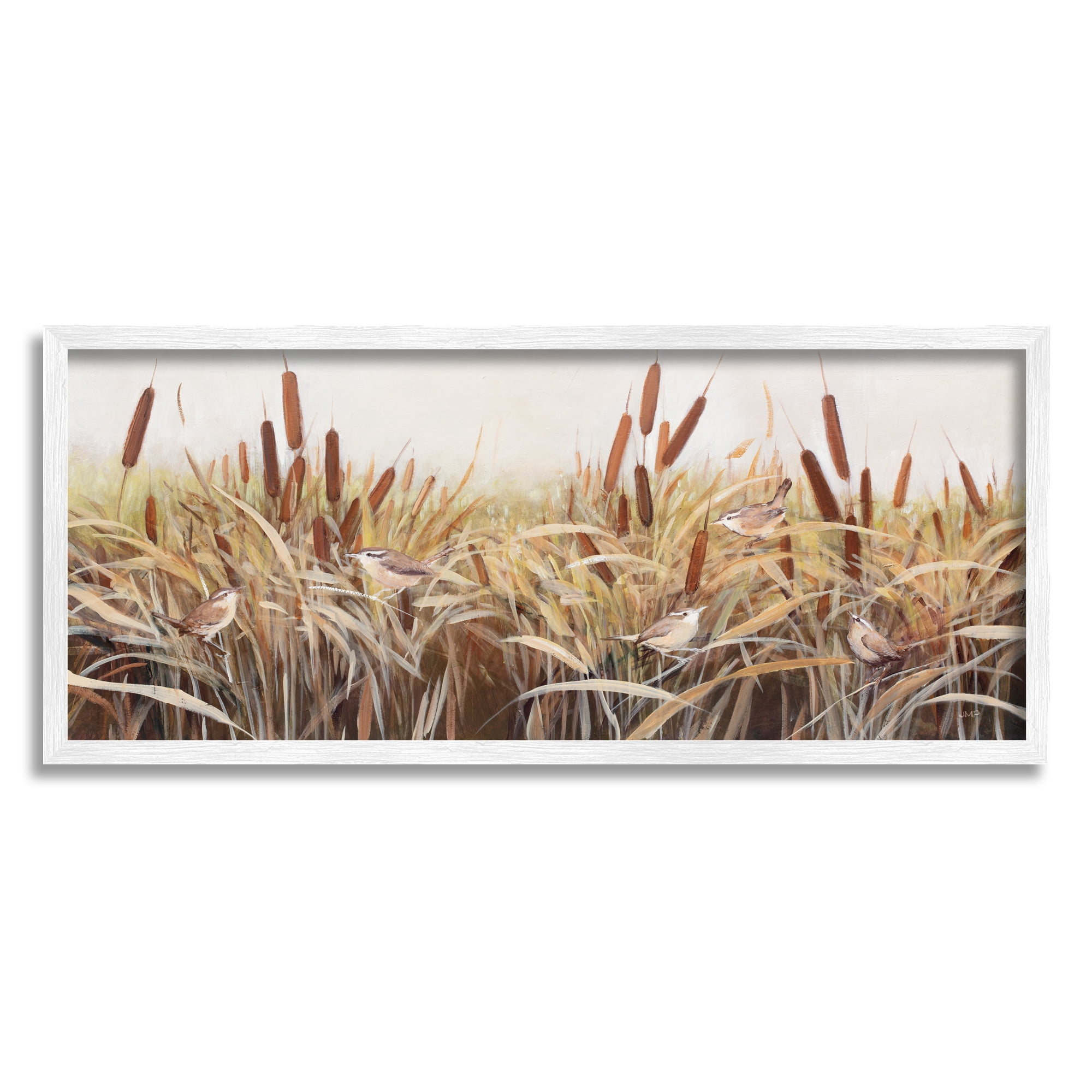 Stupell Industries Birds Among Country Reeds Botanical & Floral Painting White Framed Art Print Wall Art, 30 x 13