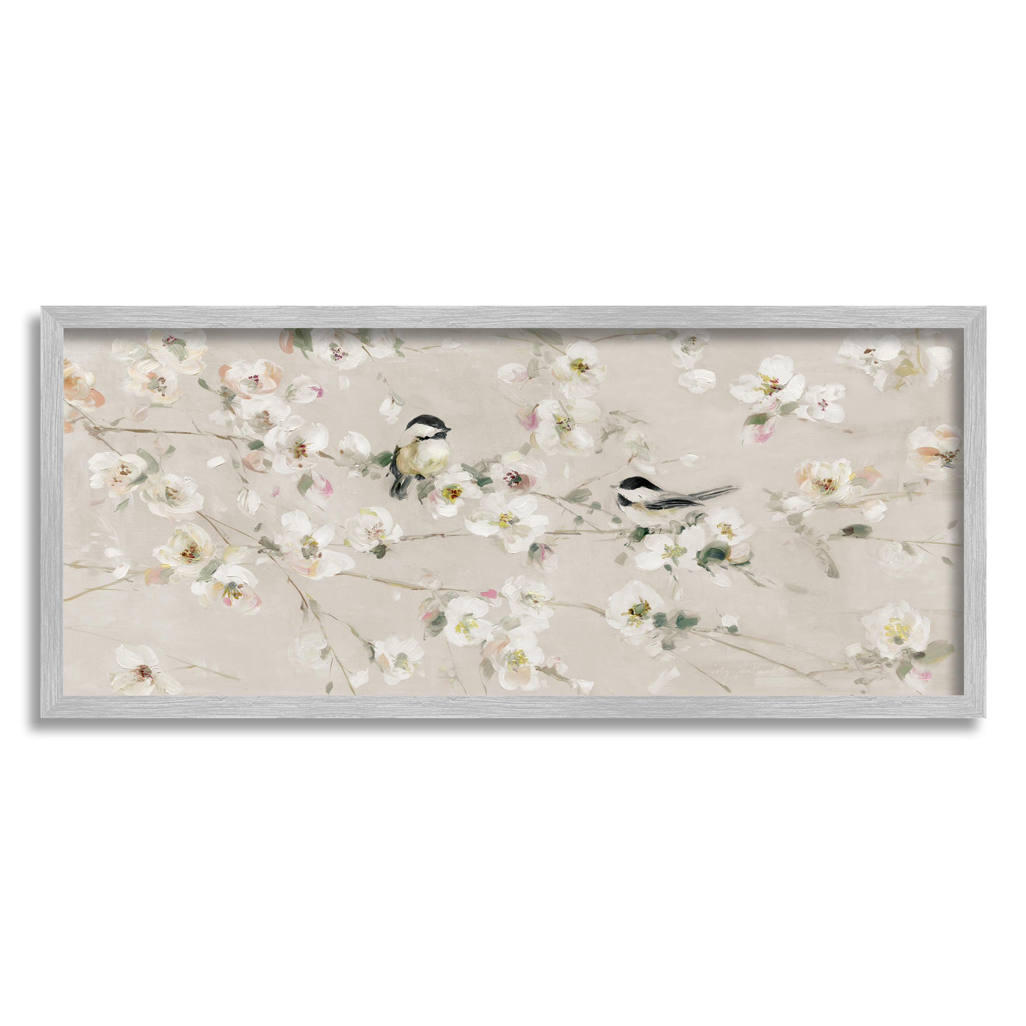 Stupell Industries Birds & Apple Blossom Animals & Insects Painting Gray Framed Art Print Wall Art, 30 x 13