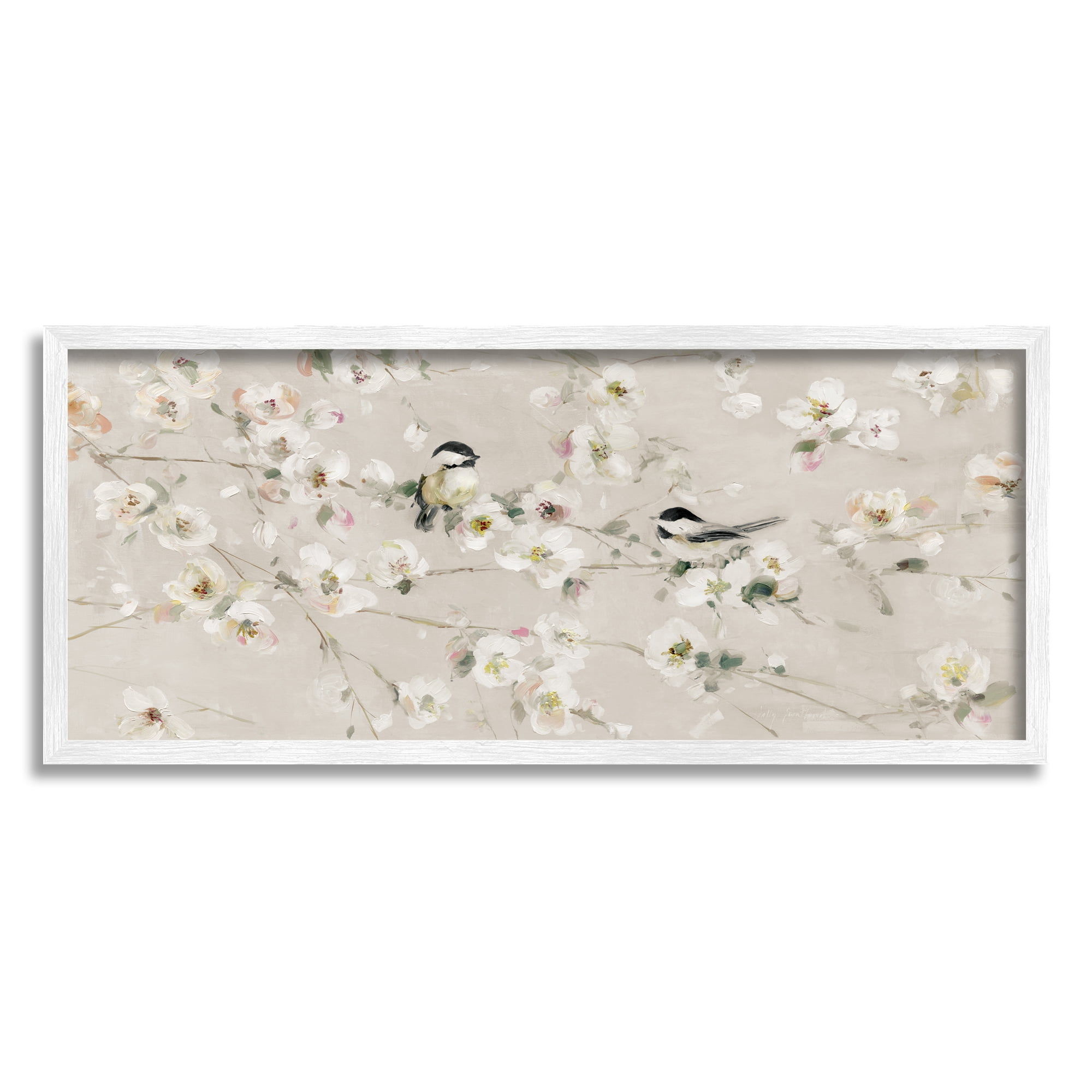 Stupell Industries Birds & Apple Blossom Animals & Insects Painting White Framed Art Print Wall Art, 30 x 13