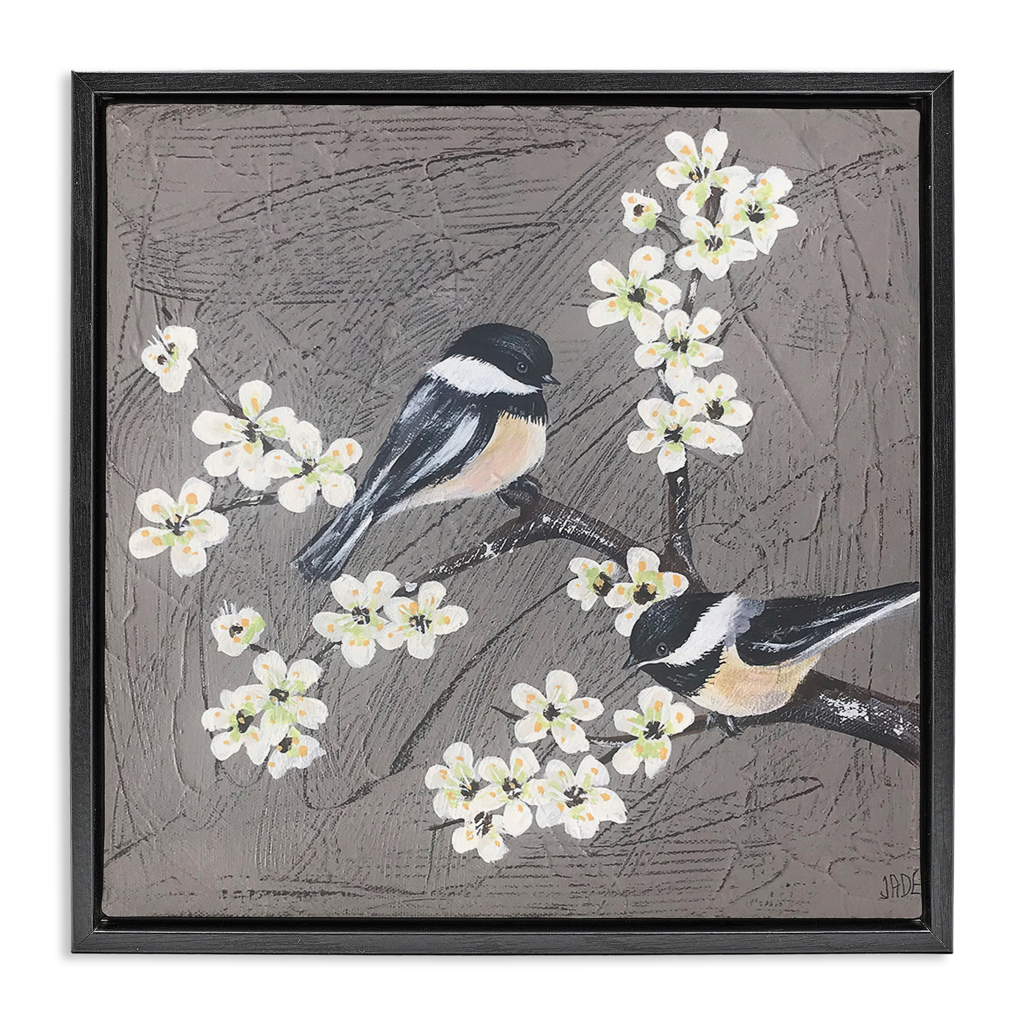 Stupell Industries Birds & Apple Blossoms Animals & Insects Painting Black Floater Framed Canvas Art Print Wall Art, 25 x 25