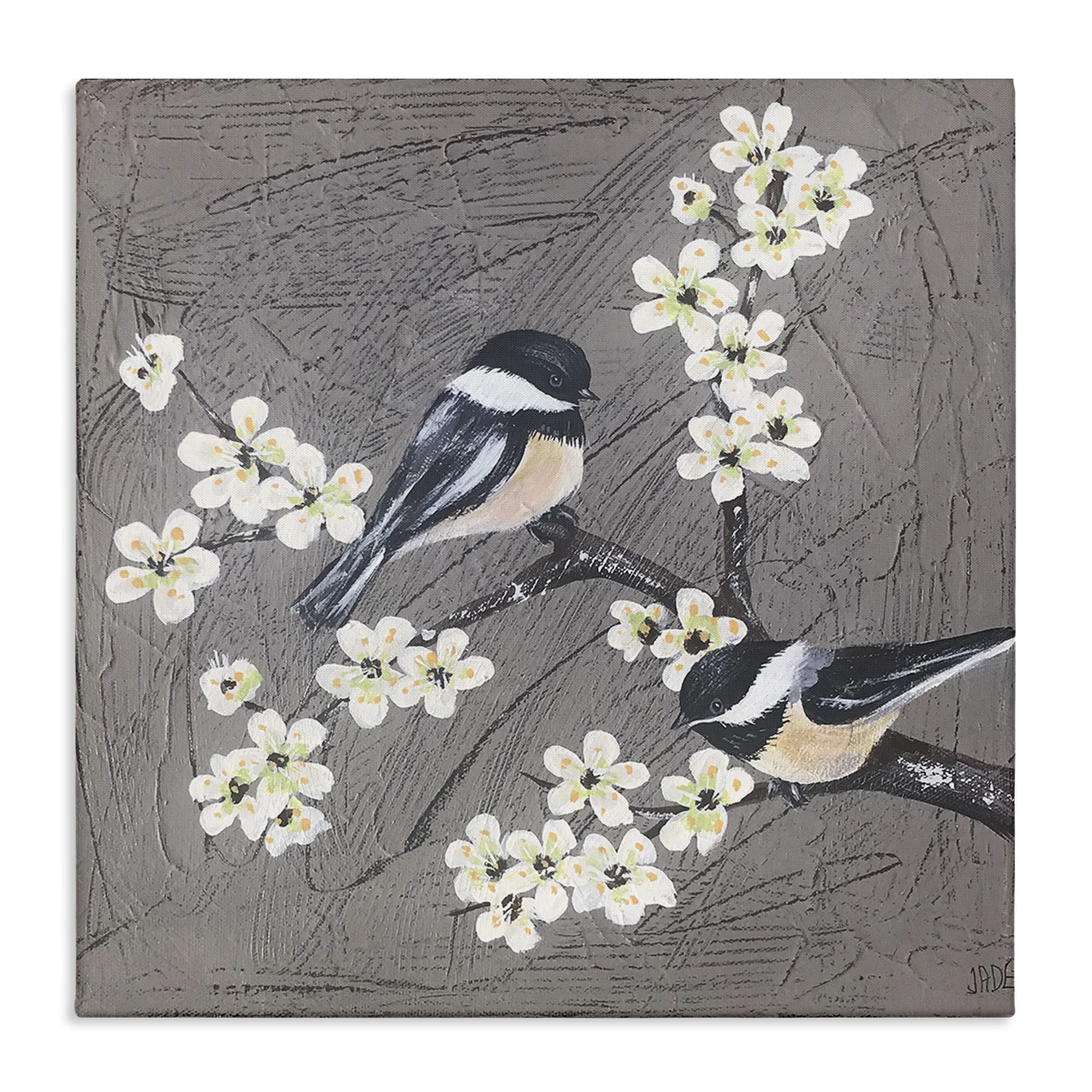 Chickadees and Blossoms Gray Canvas Wall Art, 17 x 17