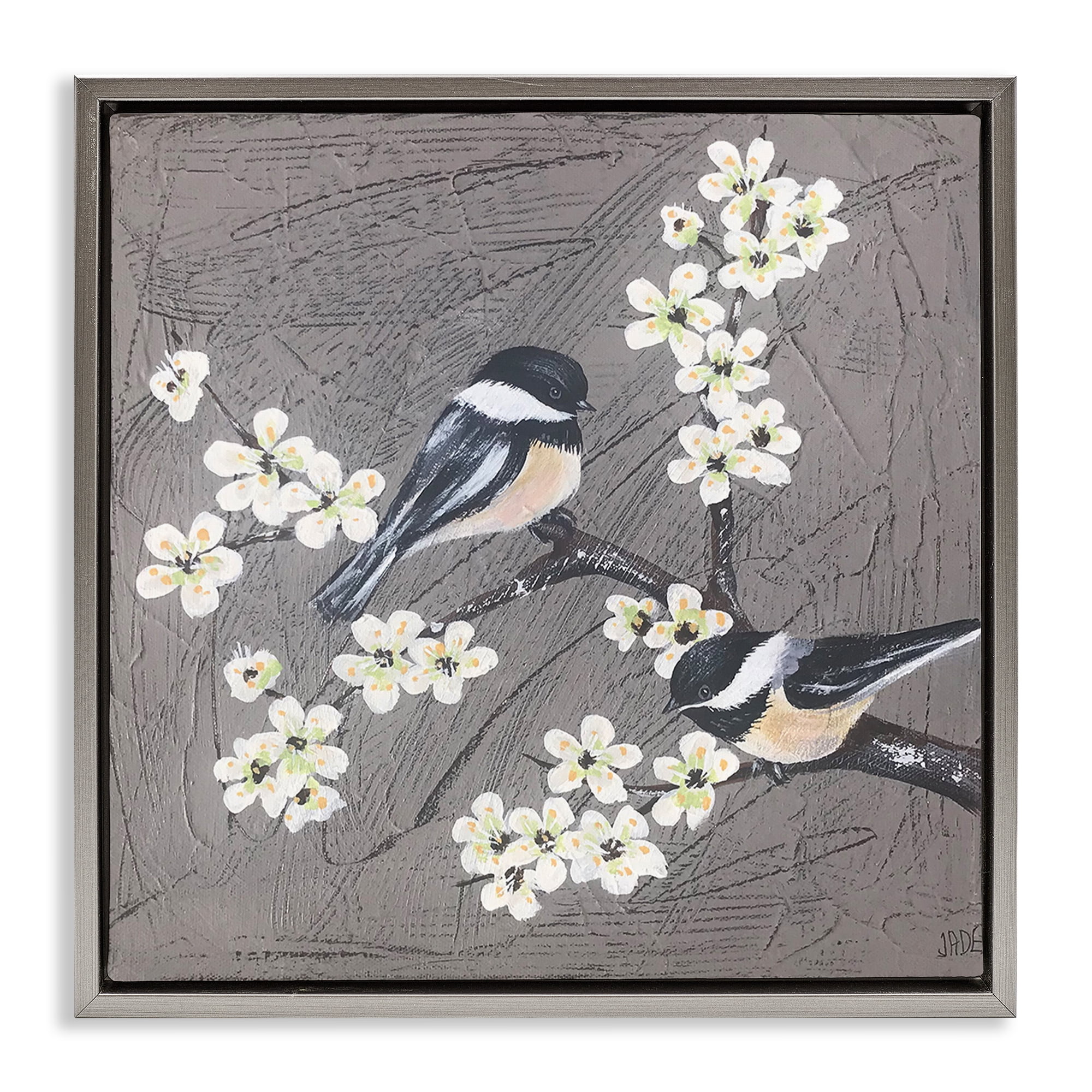 Stupell Industries Birds & Apple Blossoms Animals & Insects Painting Gray Floater Framed Canvas Art Print Wall Art, 25 x 25