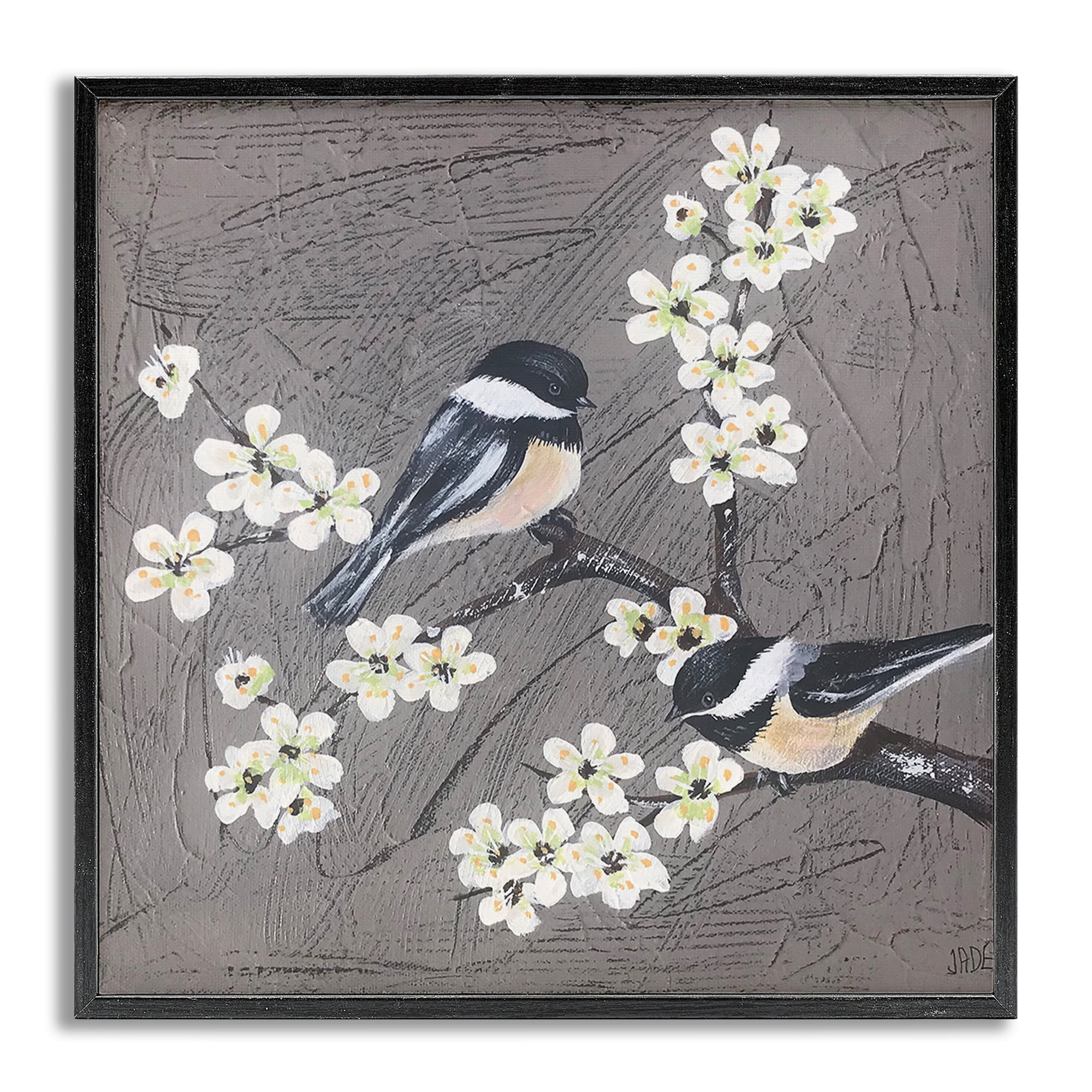 Stupell Industries Birds & Apple Blossoms Animals & Insects Painting Gray Framed Art Print Wall Art, 12 x 12