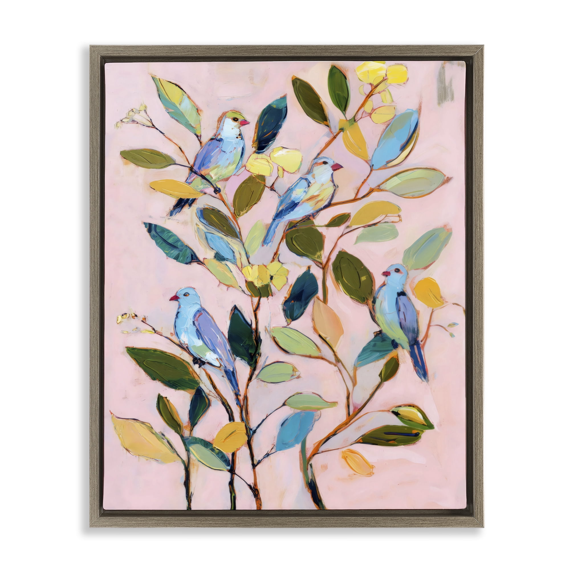 Stupell Industries Birds Between Leaves Impression Brown Framed Floater Canvas Wall Art, design by Sisi and Seb