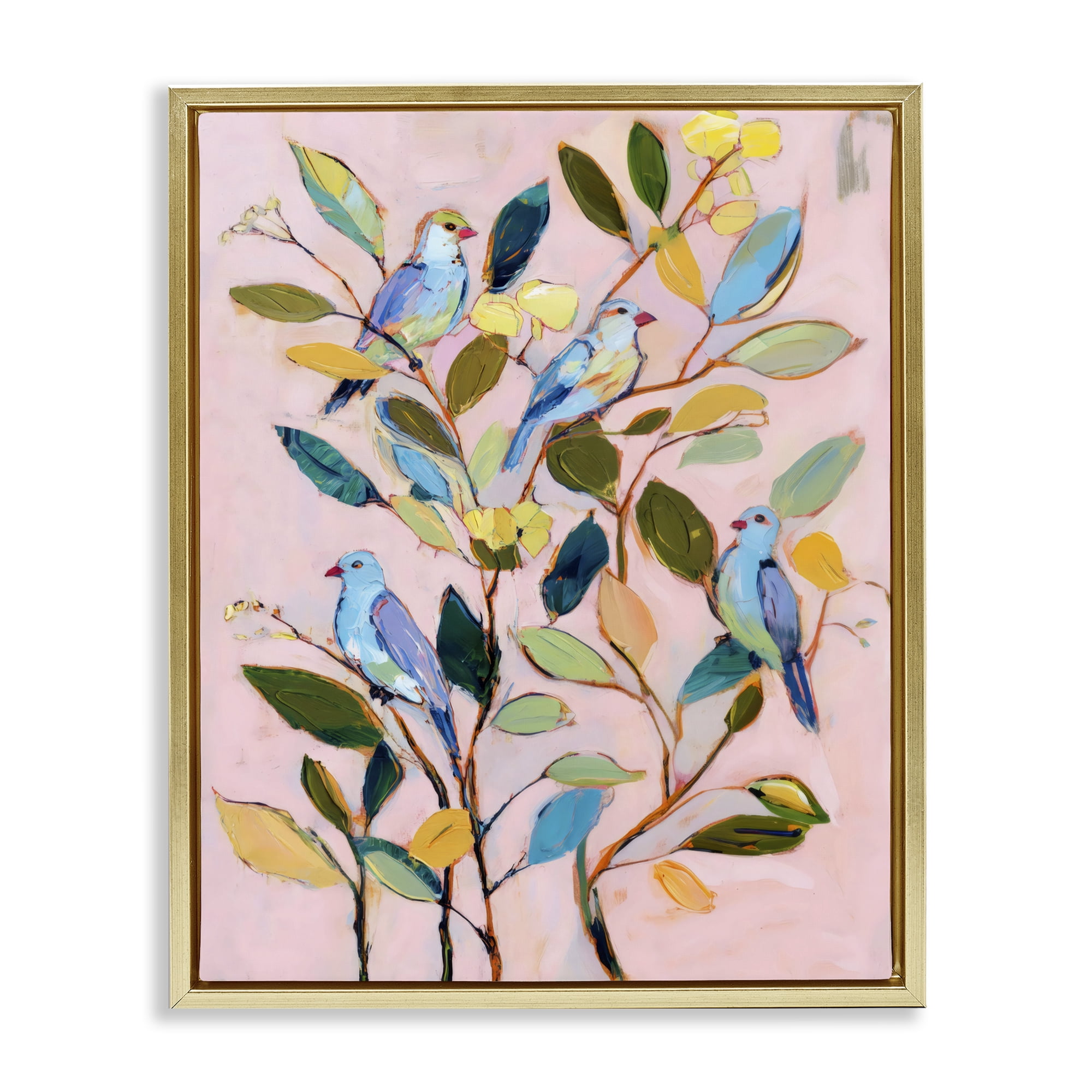 Stupell Industries Birds Between Leaves Impression Gold Framed Floater Canvas Wall Art, design by Sisi and Seb