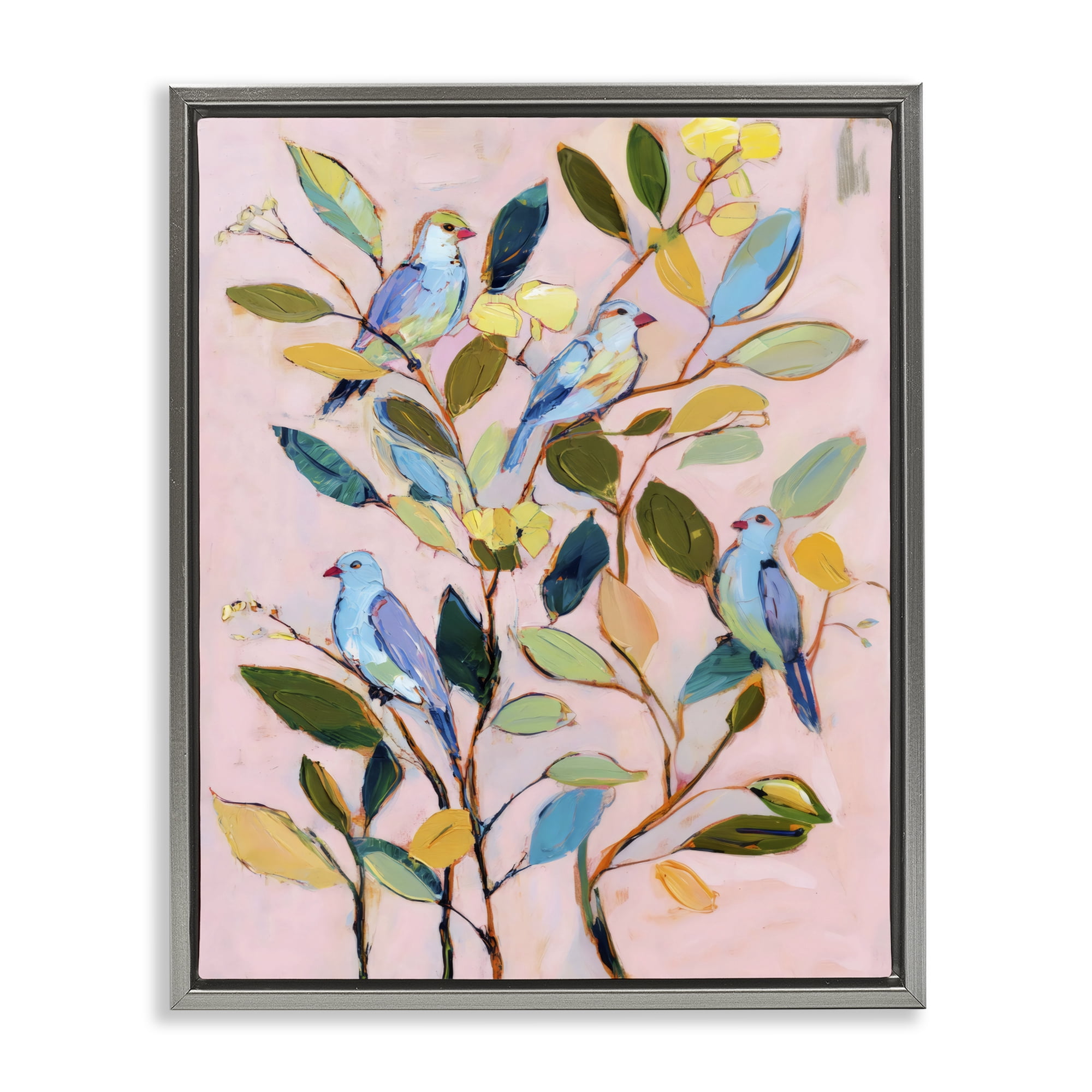 Stupell Industries Birds Between Leaves Impression Gray Framed Floater Canvas Wall Art, design by Sisi and Seb