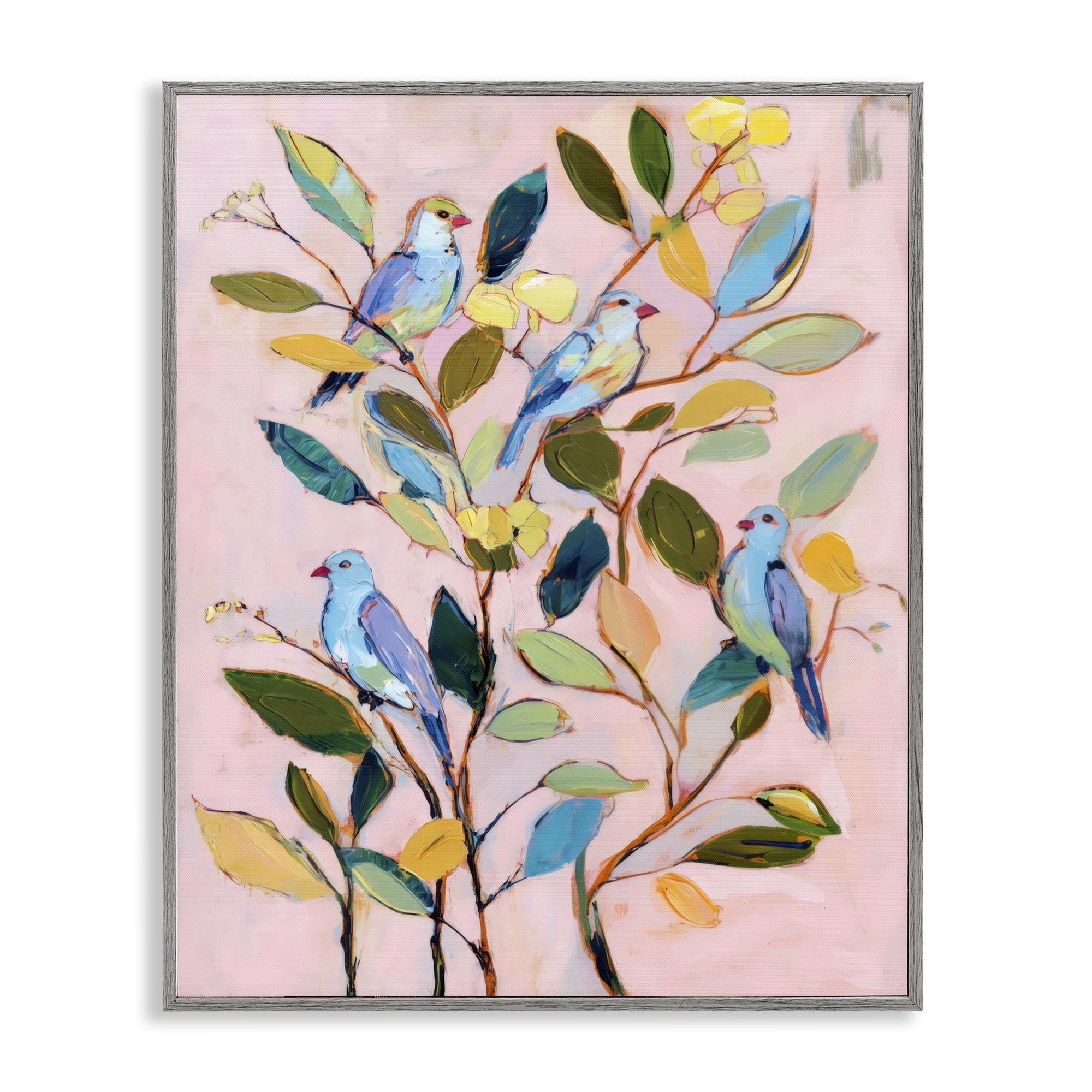 Stupell Industries Birds Between Leaves Impression Gray Framed Giclee Art, design by Sisi and Seb