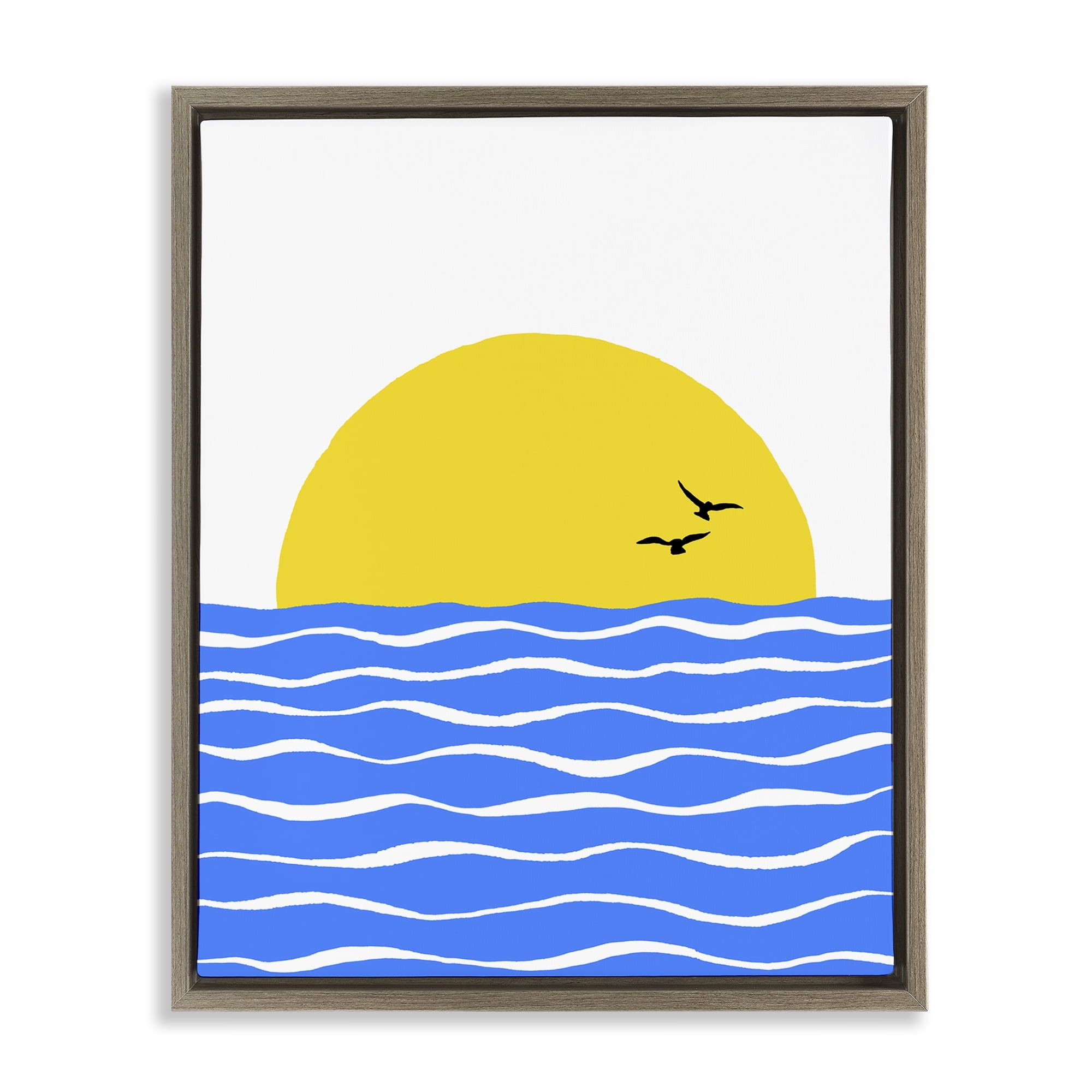 Stupell Industries Birds & Blue Sea Nautical & Beach Painting Brown Floater Framed Canvas Art Print Wall Art, 17 x 21