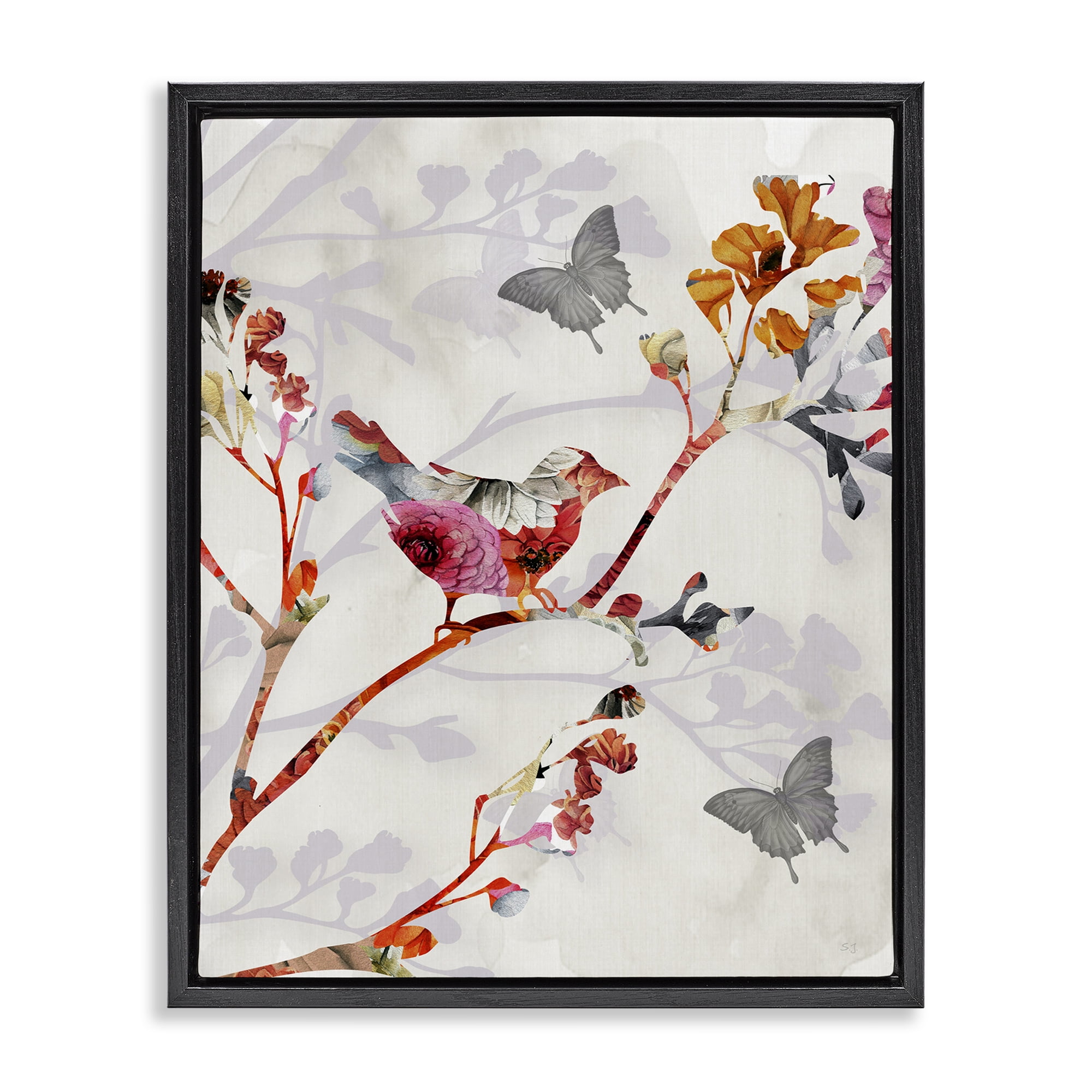 Stupell Industries Birds & Butterflies Nature Landscape Painting Black Floater Framed Canvas Art Print Wall Art, 17 x 21