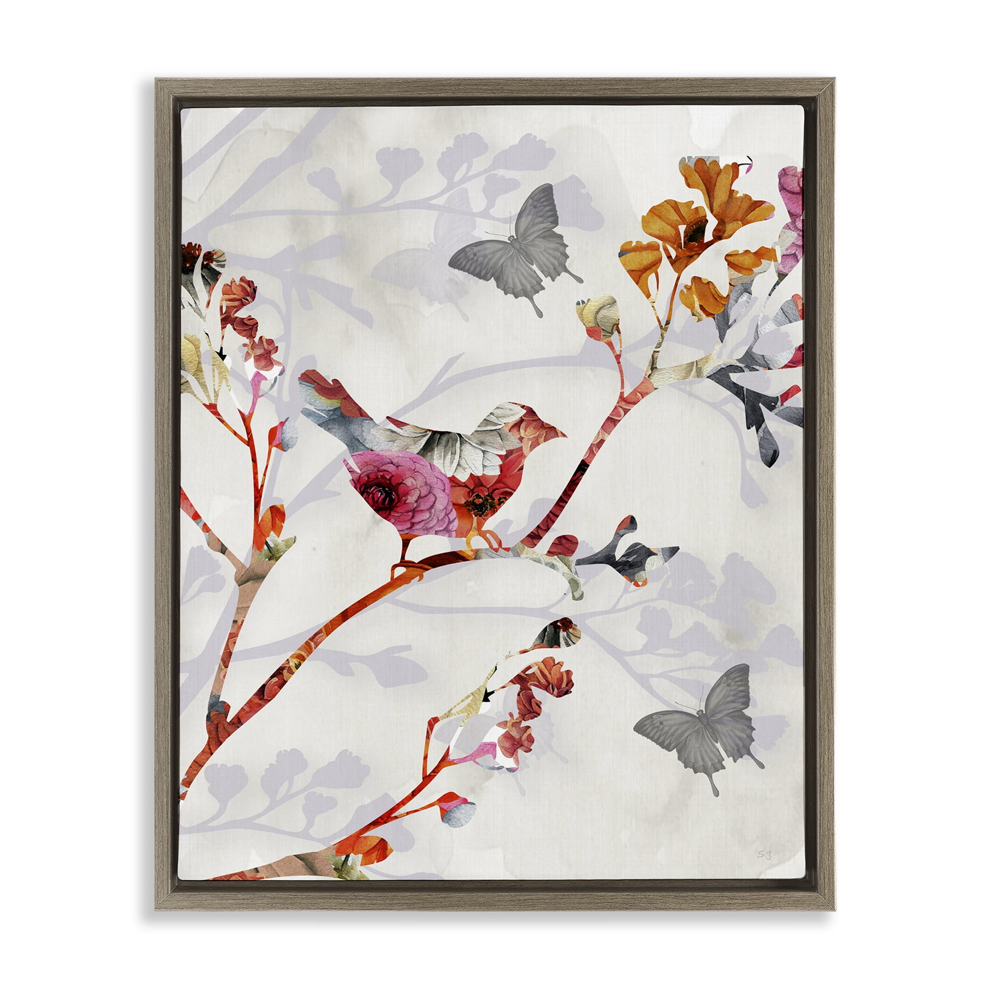 Stupell Industries Birds & Butterflies Nature Landscape Painting Brown Floater Framed Canvas Art Print Wall Art, 25 x 31