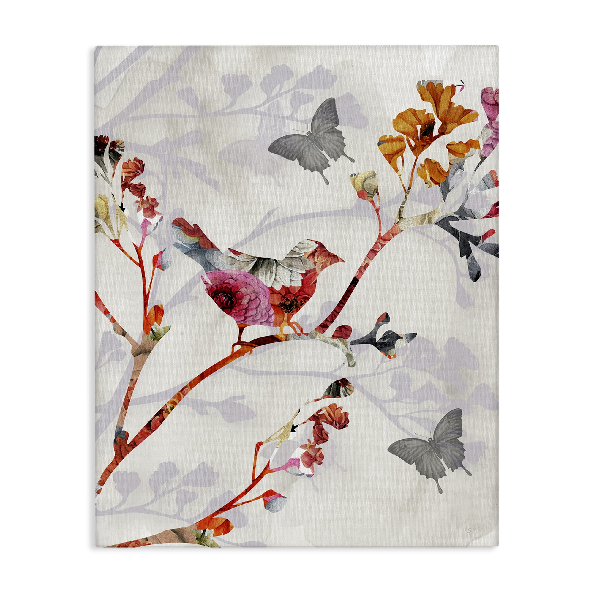 Stupell Industries Birds & Butterflies Nature Landscape Painting Gallery Wrapped Canvas Art Print Wall Art, 30 x 40