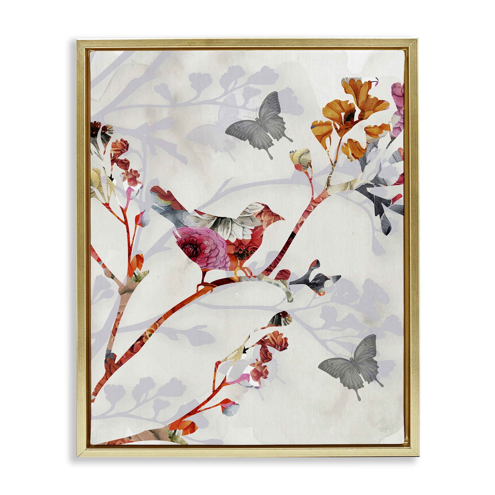 Stupell Industries Birds & Butterflies Nature Landscape Painting Gold Floater Framed Canvas Art Print Wall Art, 25 x 31