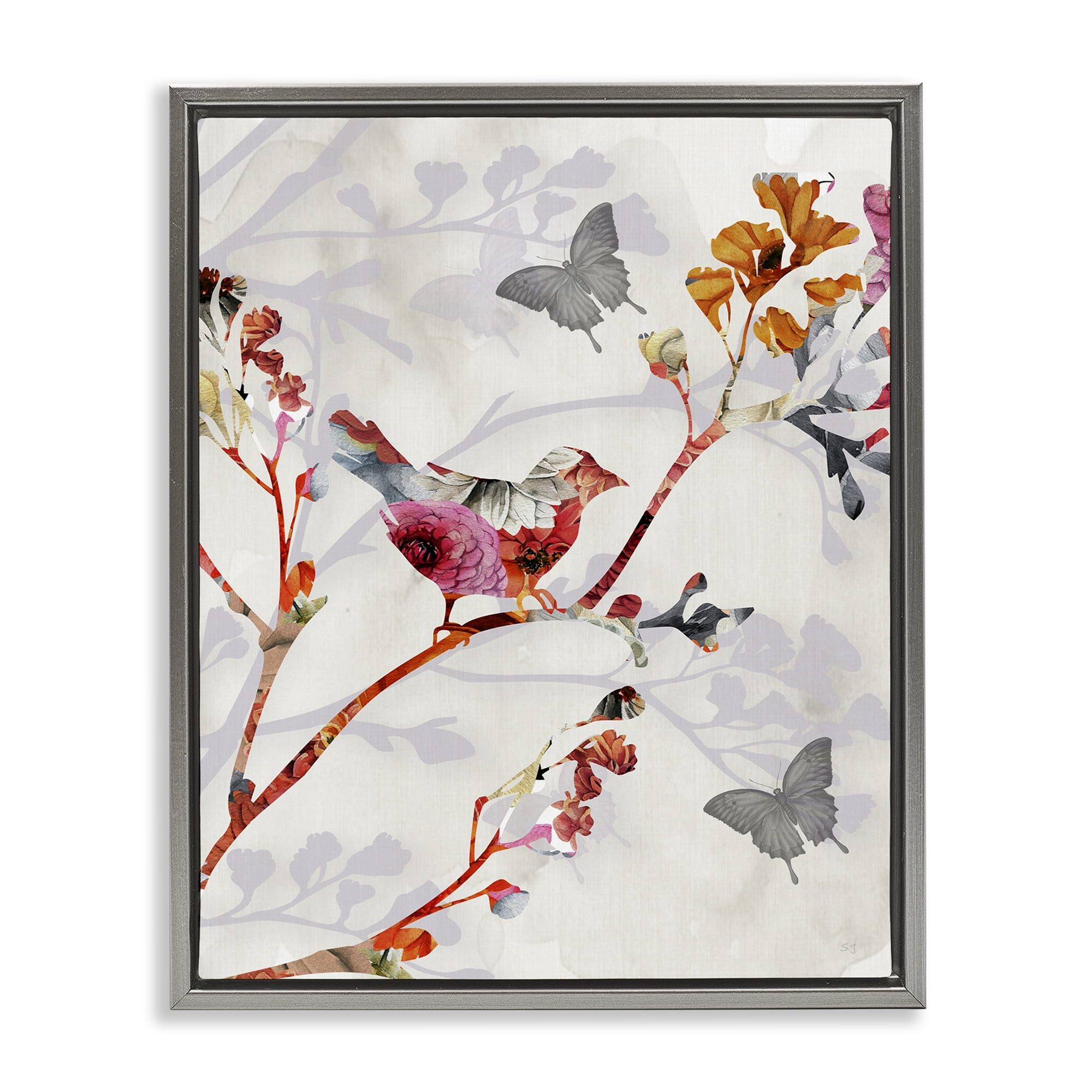 Stupell Industries Birds & Butterflies Nature Landscape Painting Gray Floater Framed Canvas Art Print Wall Art, 25 x 31