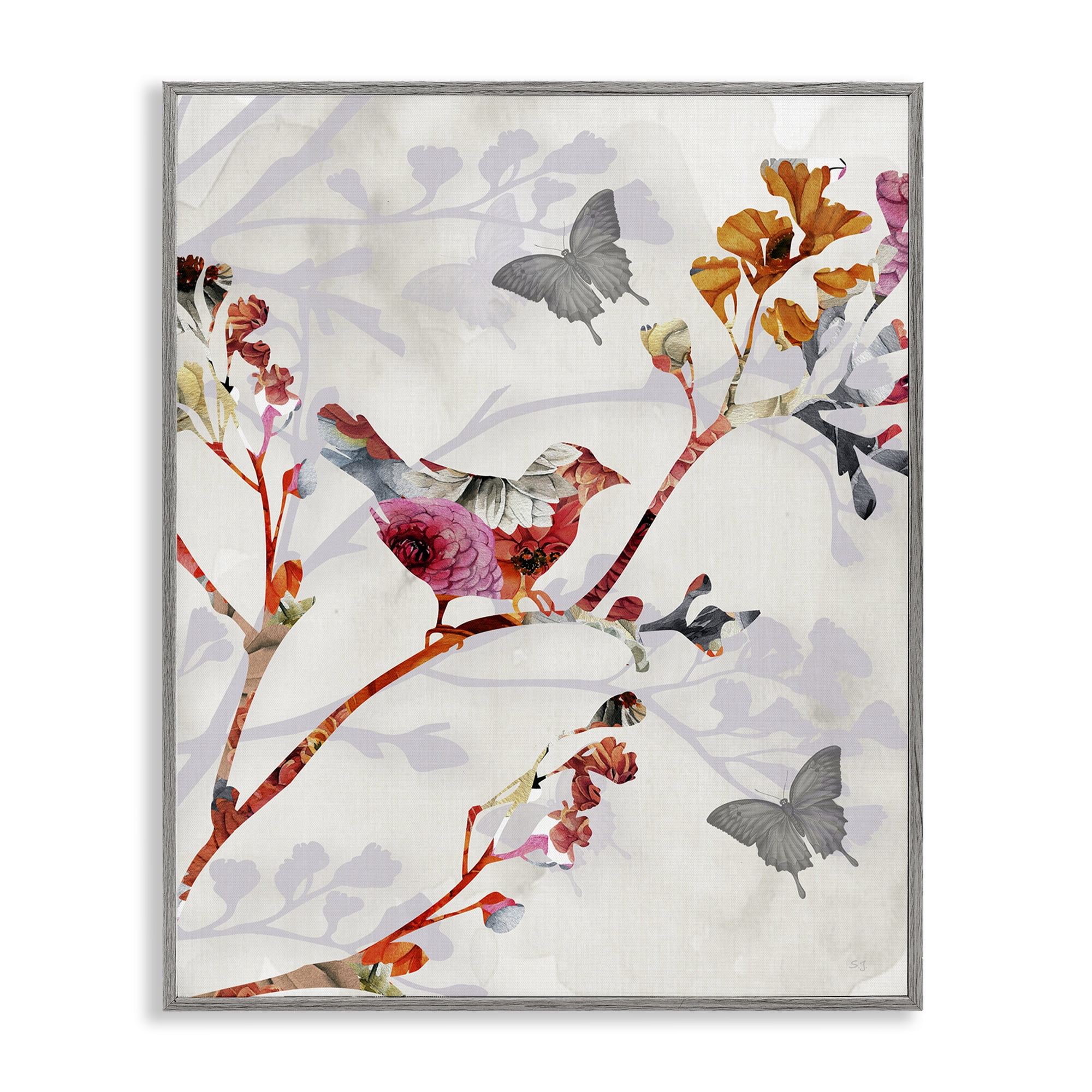 Stupell Industries Birds & Butterflies Nature Landscape Painting Gray Framed Art Print Wall Art, 16 x 20