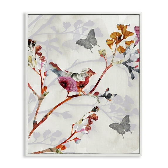 Stupell Industries Birds & Butterflies Nature Landscape Painting White Framed Art Print Wall Art, 11 x 14