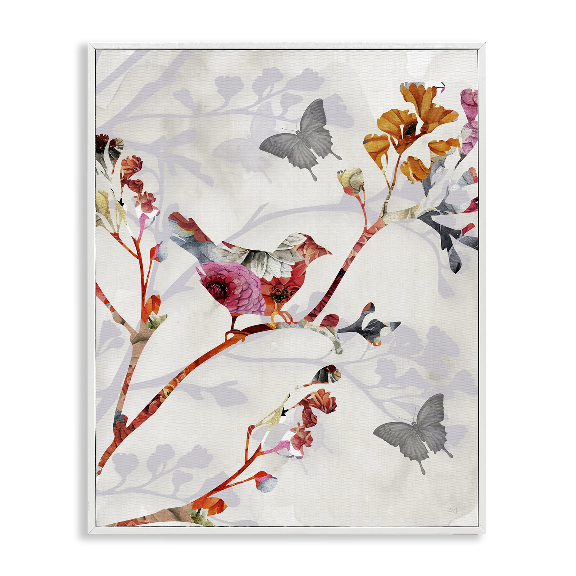 Stupell Industries Birds & Butterflies Nature Landscape Painting White Framed Art Print Wall Art, 24 x 30