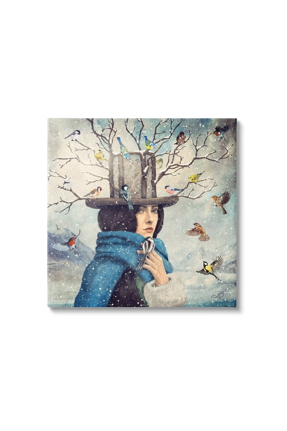 Industries Birds Flocking Tree Hat Blue Scarf Winter Snow Canvas Wall Art, 24 x 24, Design by Paula Belle Flores