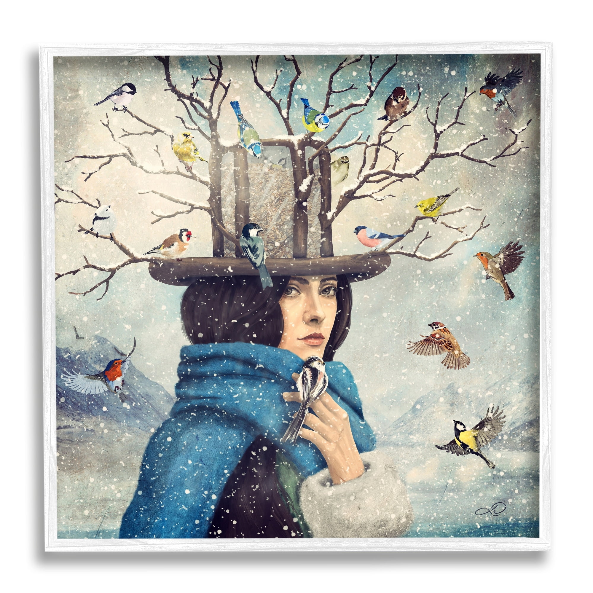 Stupell Industries Birds Flocking Tree Hat Blue Scarf Winter Snow Framed Wall Art, 12 x 12, Design by Paula Belle Flores