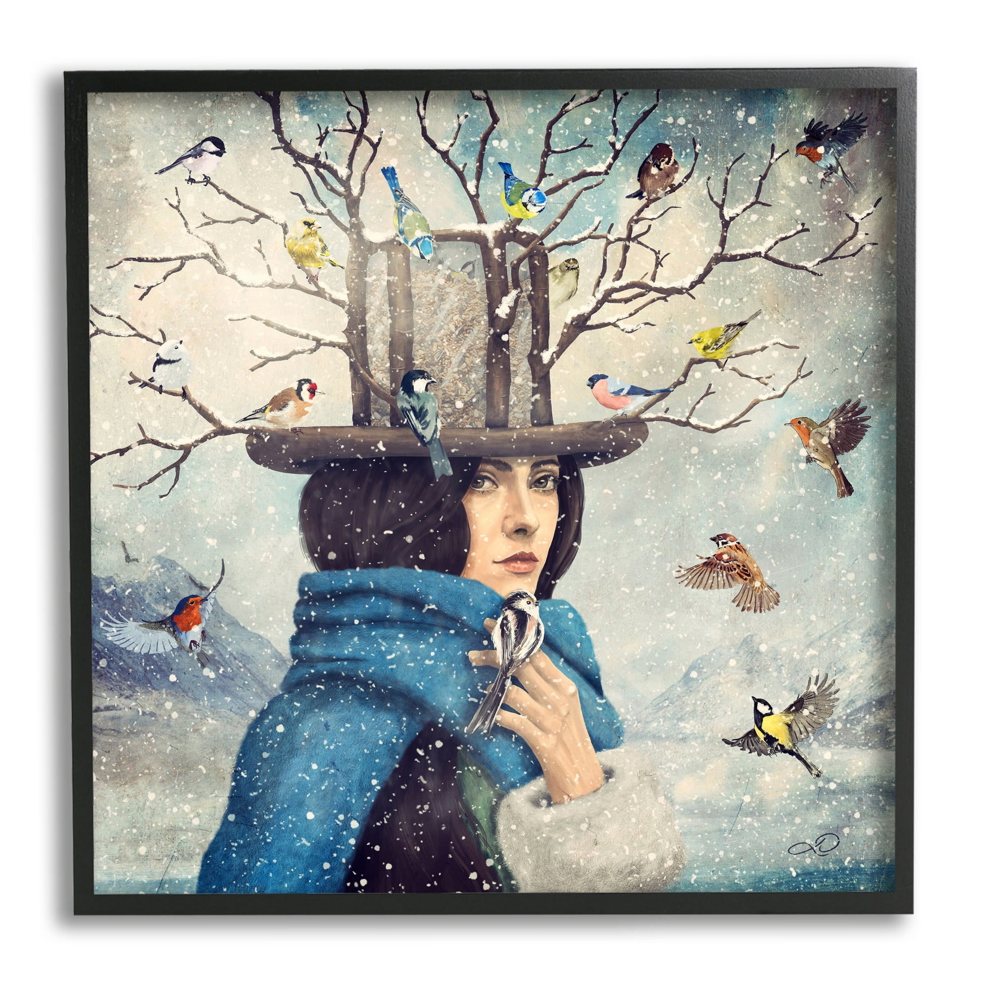 Stupell Industries Birds Flocking Tree Hat Blue Scarf Winter Snow Framed Wall Art, 12 x 12, Design by Paula Belle Flores