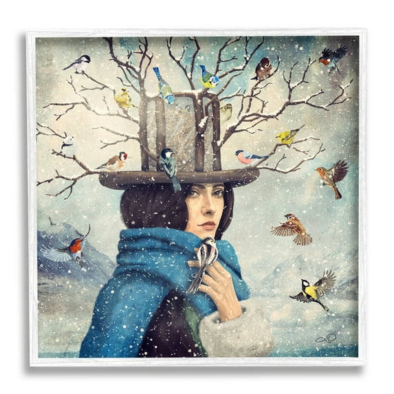 Stupell Industries Birds Flocking Tree Hat Blue Scarf Winter Snow Framed Wall Art, 17 x 17, Design by Paula Belle Flores
