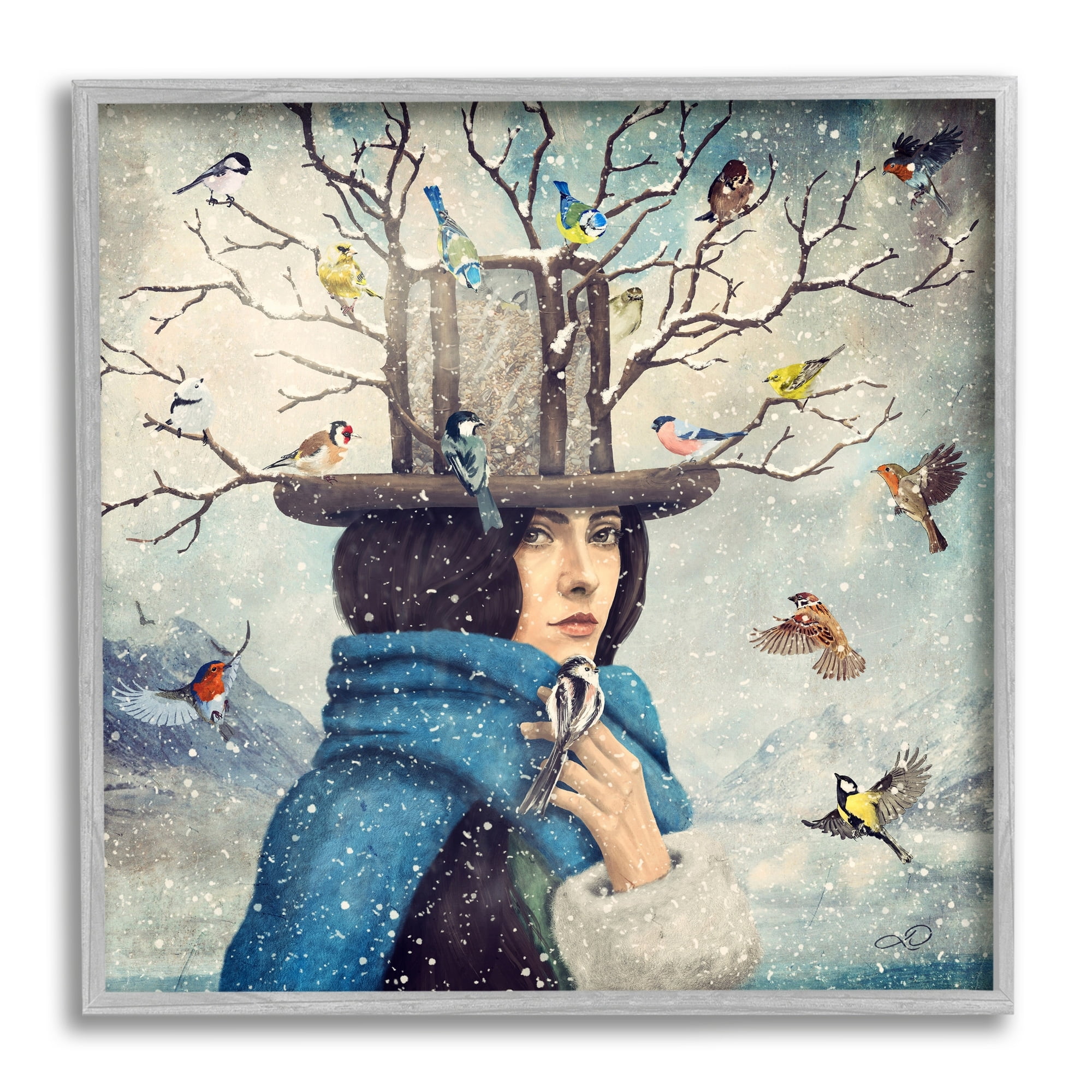 Stupell Industries Birds Flocking Tree Hat Blue Scarf Winter Snow Framed Wall Art, 24 x 24, Design by Paula Belle Flores