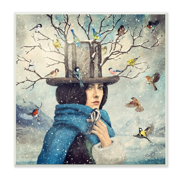Stupell Industries Birds Flocking Tree Hat Blue Scarf Winter Snow Wood Wall Art, 12 x 12, Design by Paula Belle Flores