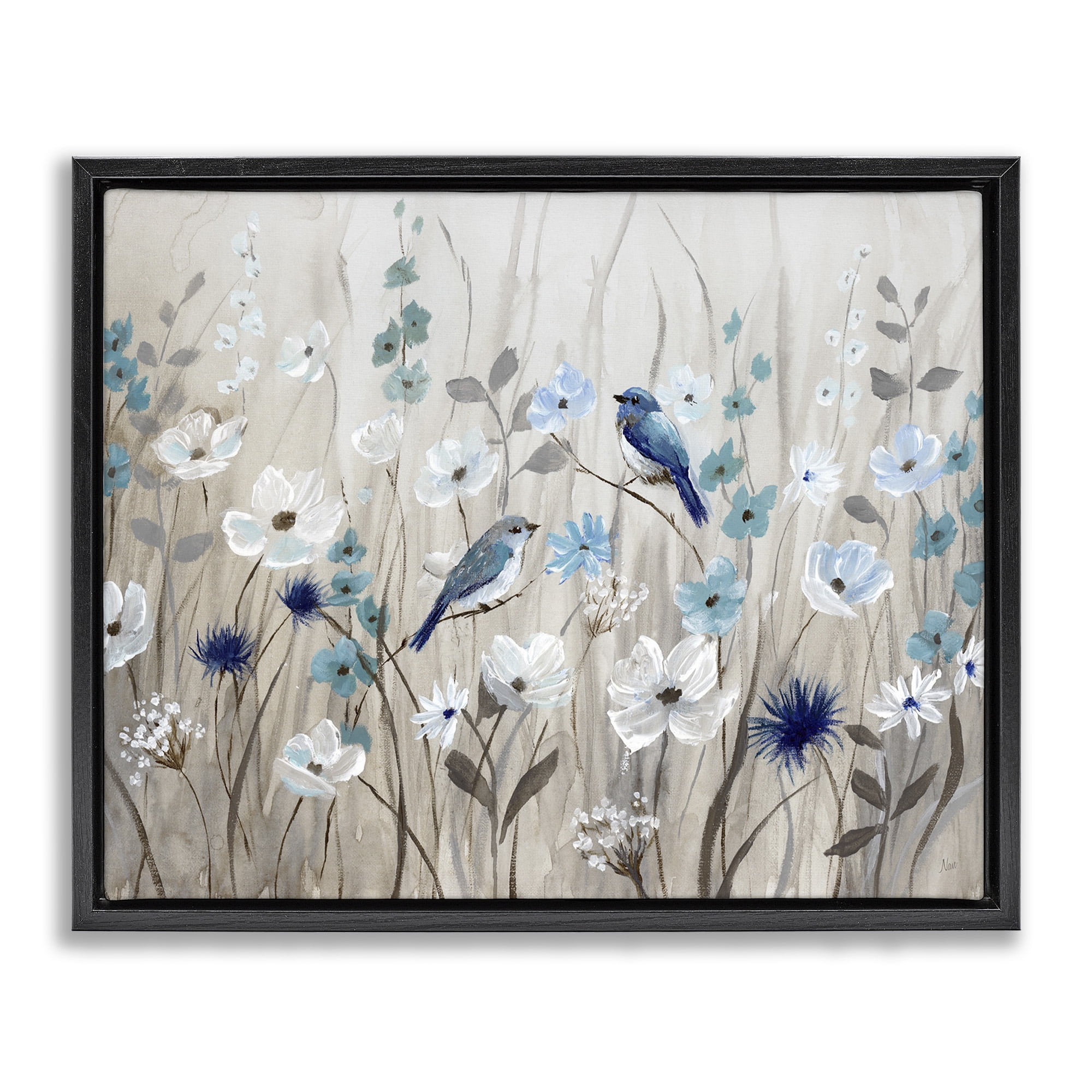 Stupell Industries Birds Floral Meadow Blossoms Botanical & Floral Painting Black Floater Framed Canvas Art Print Wall Art, 31 x 25