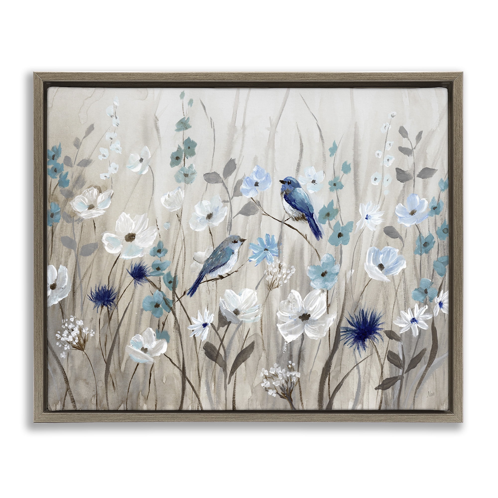 Stupell Industries Birds Floral Meadow Blossoms Botanical & Floral Painting Brown Floater Framed Canvas Art Print Wall Art, 21 x 17