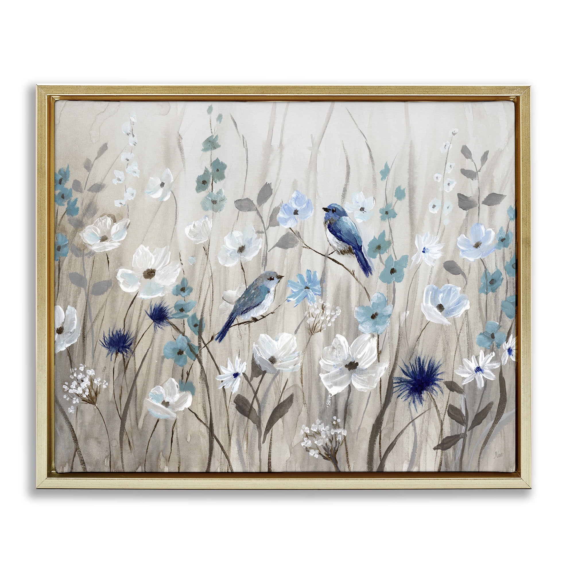 Stupell Industries Birds Floral Meadow Blossoms Botanical & Floral Painting Gold Floater Framed Canvas Art Print Wall Art, 31 x 25