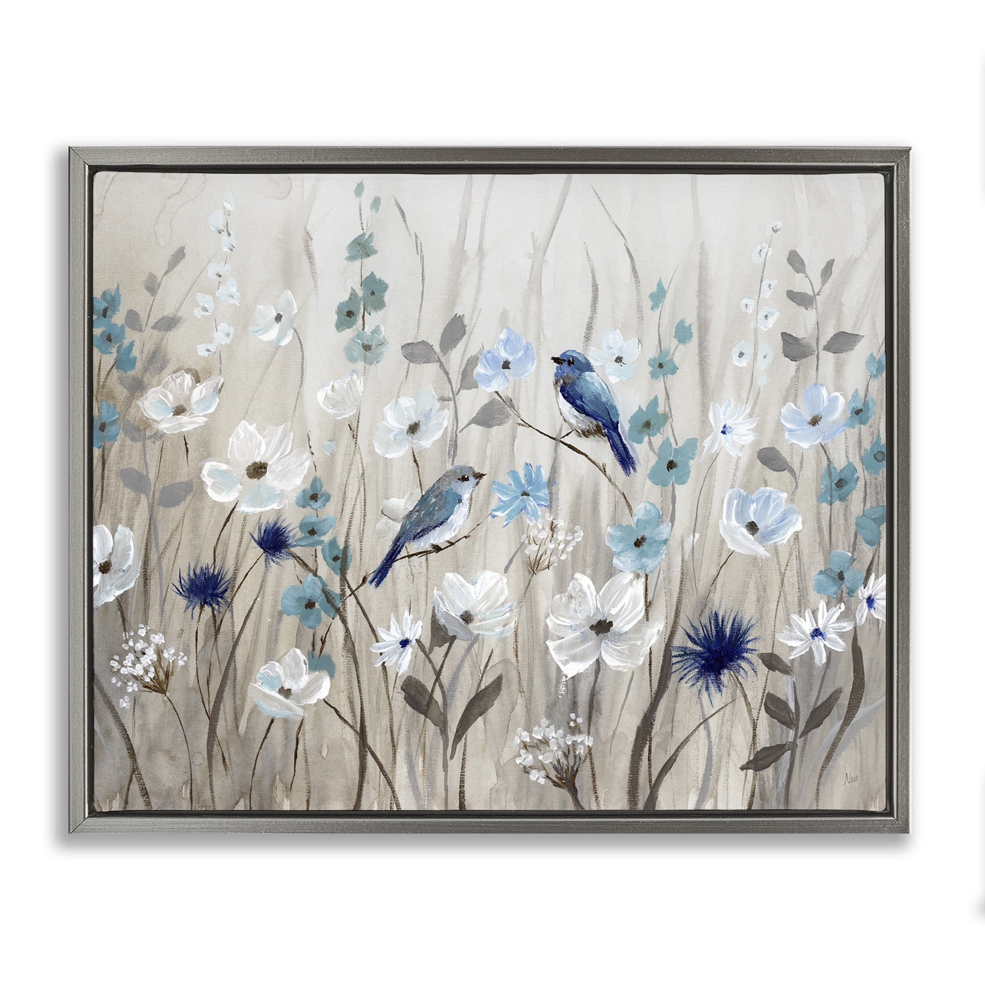 Stupell Industries Birds Floral Meadow Blossoms Botanical & Floral Painting Gray Floater Framed Canvas Art Print Wall Art, 31 x 25