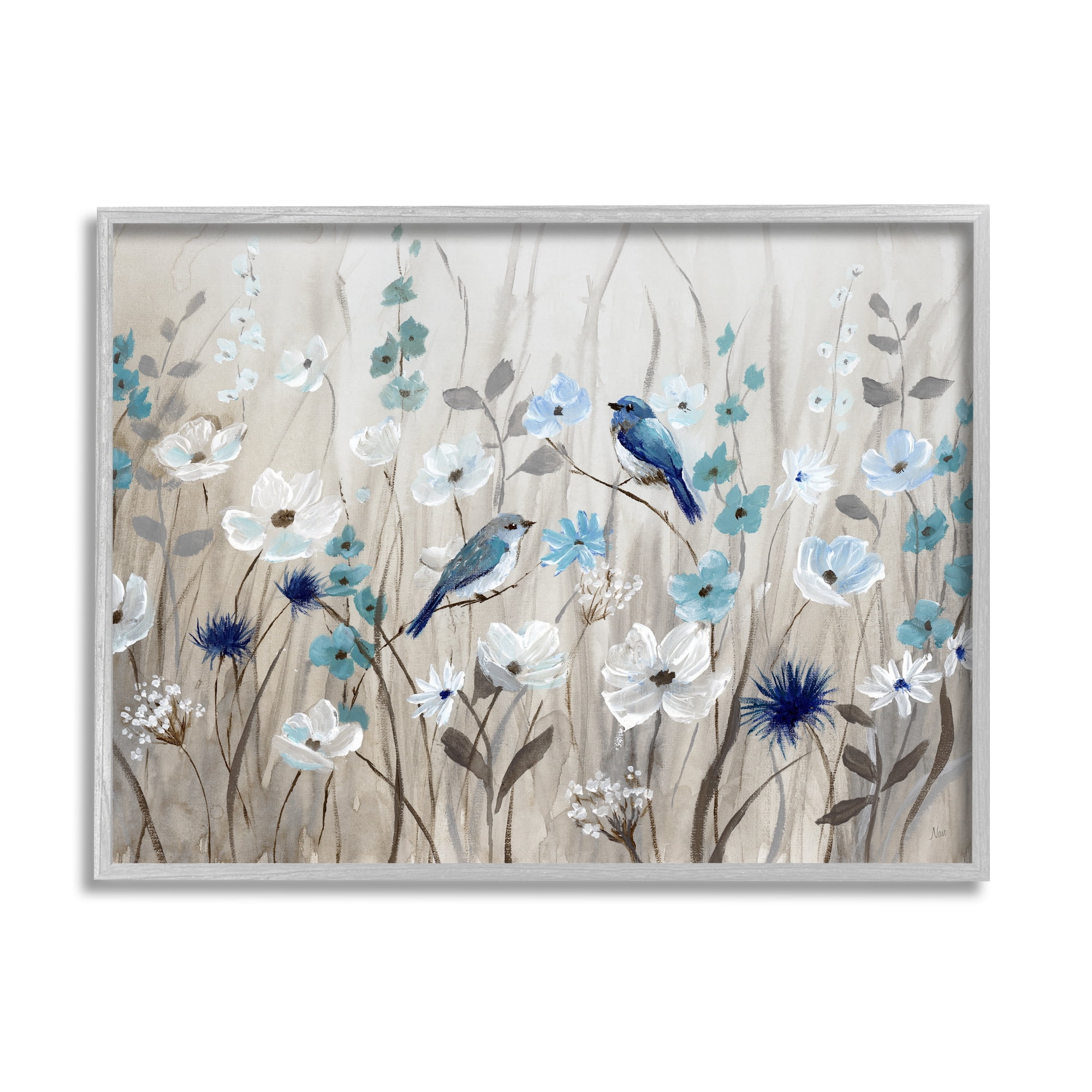 Stupell Industries Birds Floral Meadow Blue White Blossoms , 20 x 16, Design by Nan